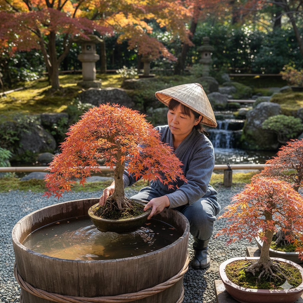 どぶ漬けは、鉢全体を水圧で包み込むことで、撥水性を無視して土の隅々まで水分を送り込み、根に直接水を届けることができる、最も確実で効果的な回復手段です。

盆栽のどぶ漬けを行う時間と注意点