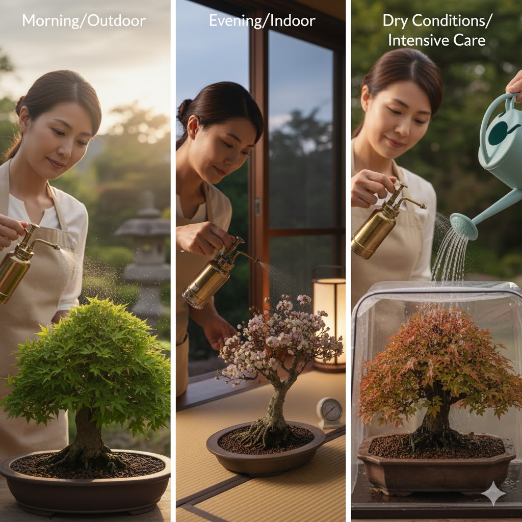 状況別に行う盆栽の霧吹きと水管理のコツ