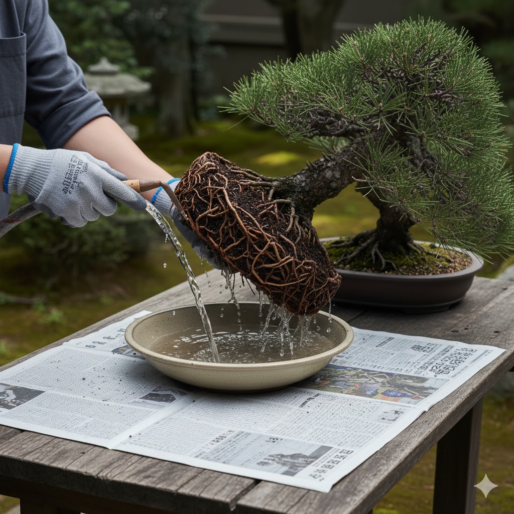 古い土を落とす盆栽の植え替えと根洗い