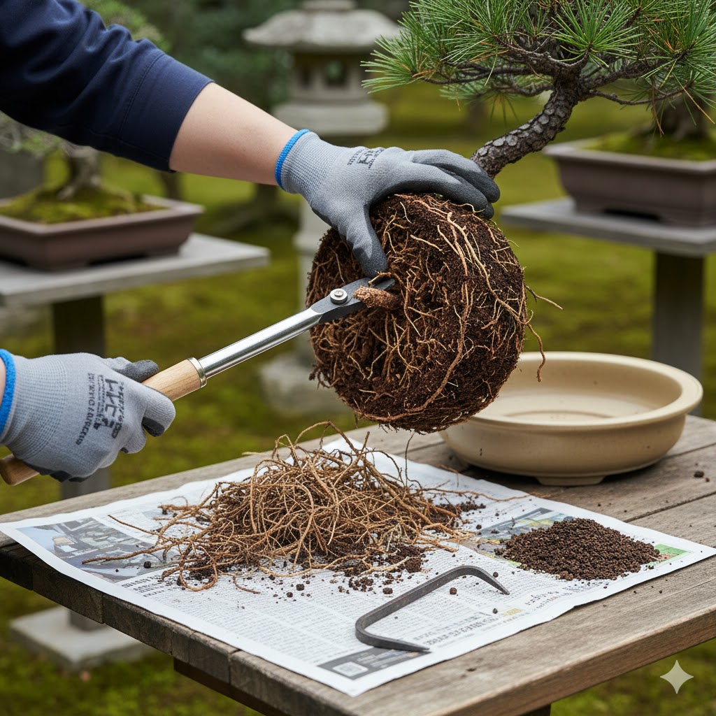 大きさを維持する盆栽の植え替えと根切り