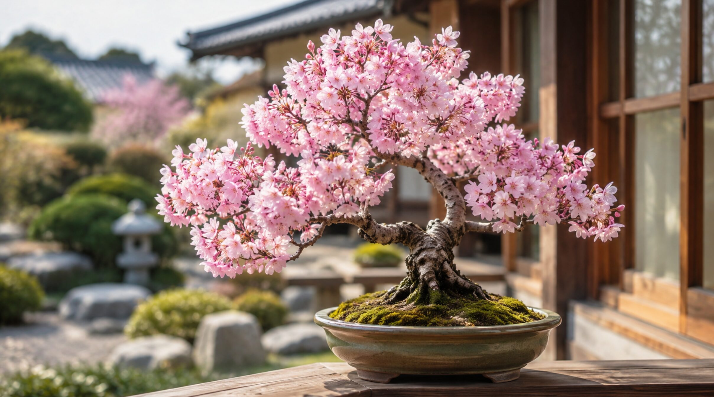 満開の淡いピンク色の花を咲かせる桜盆栽