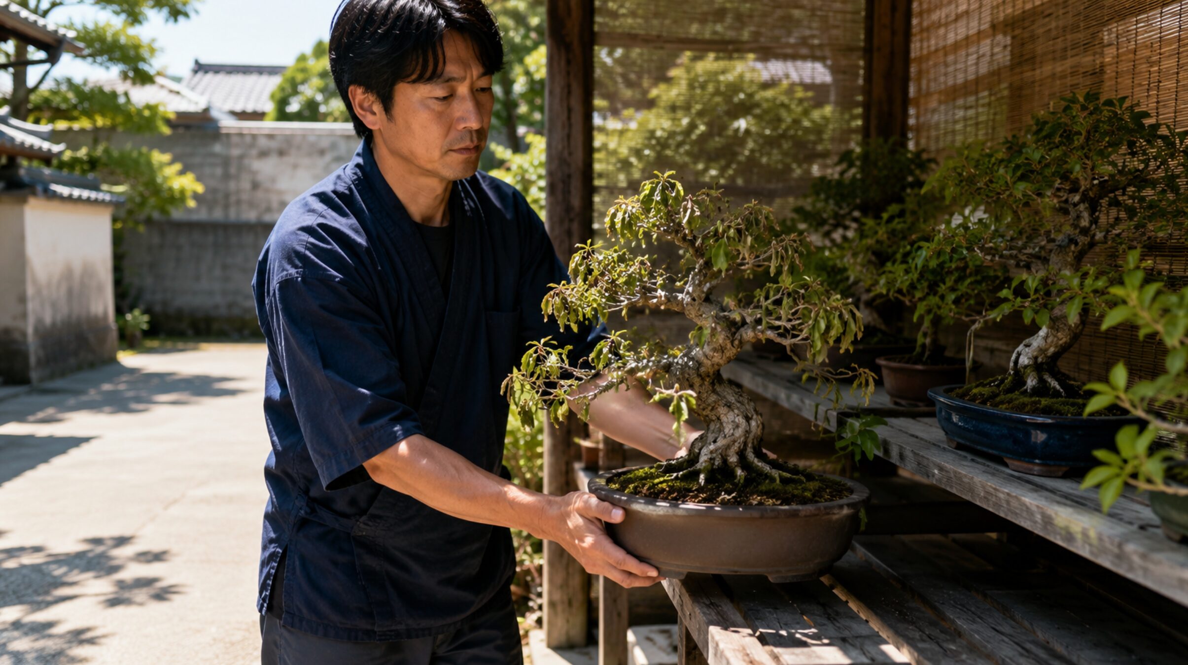 葉がしおれた桜盆栽を明るい日陰へ移す男性