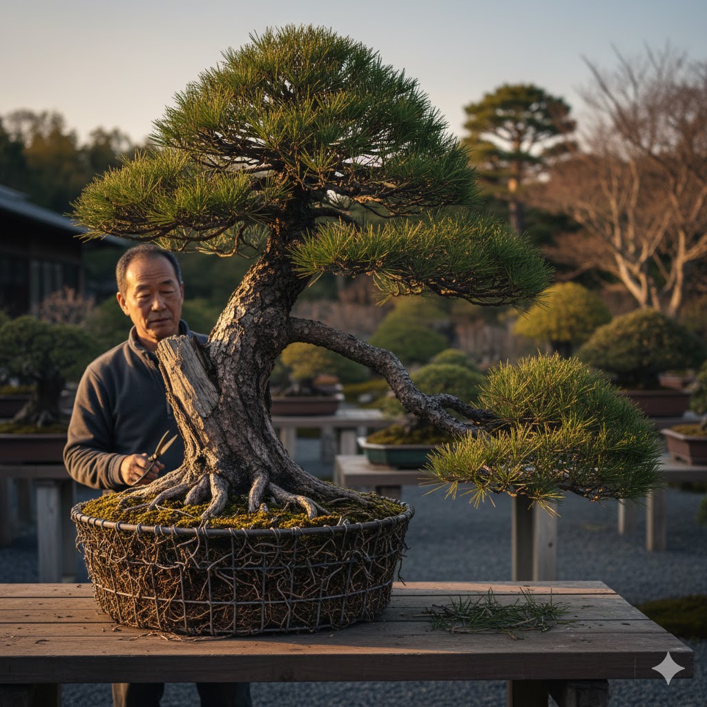 赤松盆栽を太くする犠牲枝の管理と年間の作業工程