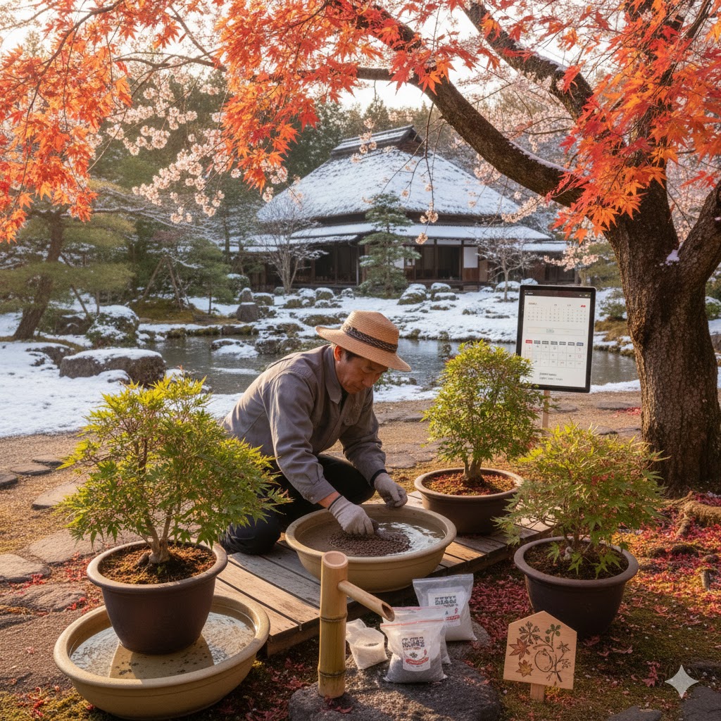 盆栽　適切な肥料やりでお礼肥と寒肥を施す