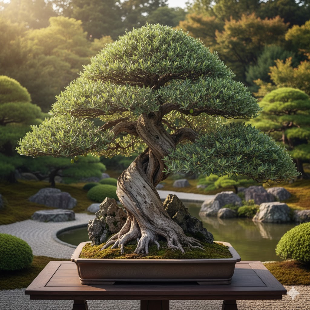 どっしりと太い幹と銀色の葉を持つ、風格のあるオリーブ盆栽の完成形。
