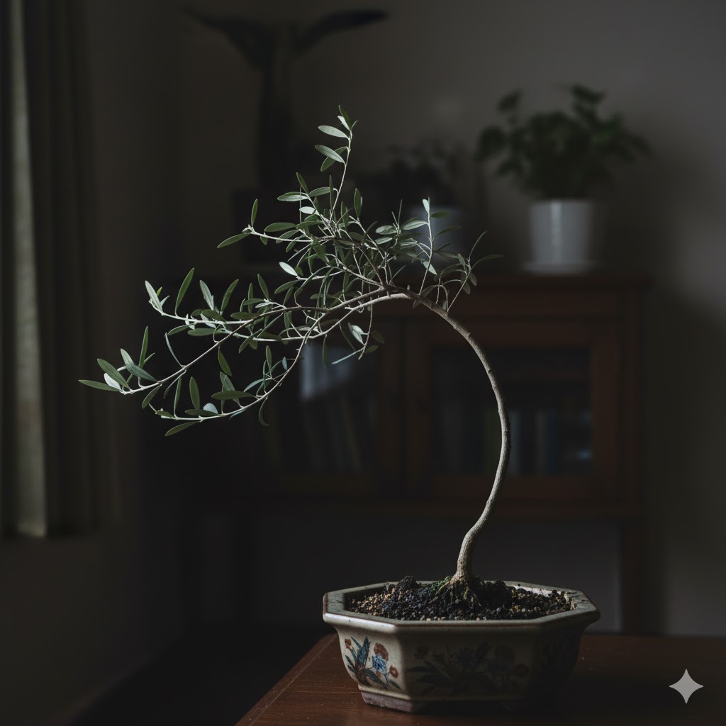 室内で日光が足りず、ひょろひょろと弱々しく徒長してしまったオリーブの苗木。