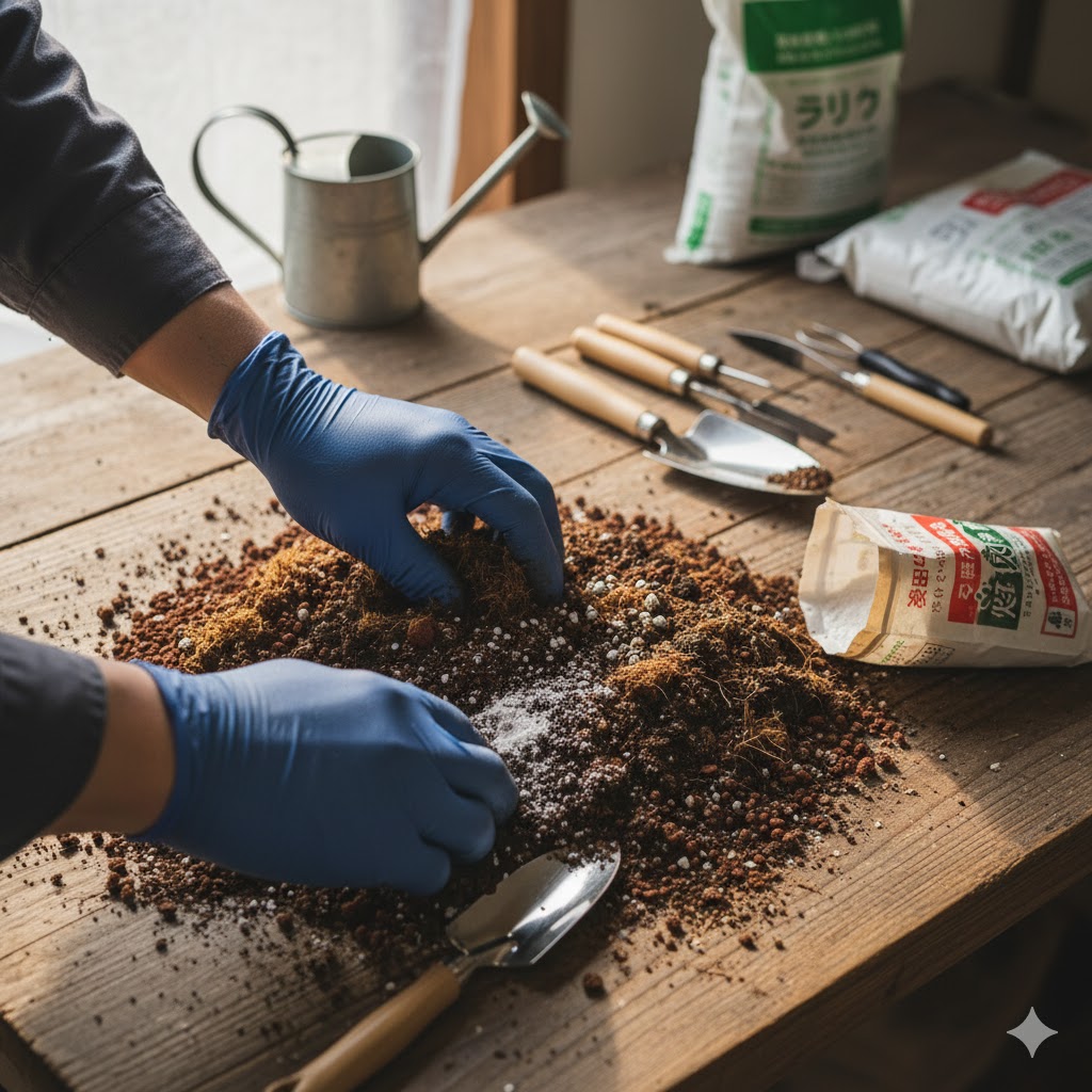 オリーブの成長を促すため、赤玉土や腐葉土に苦土石灰を混ぜて用土を配合する日本人の手