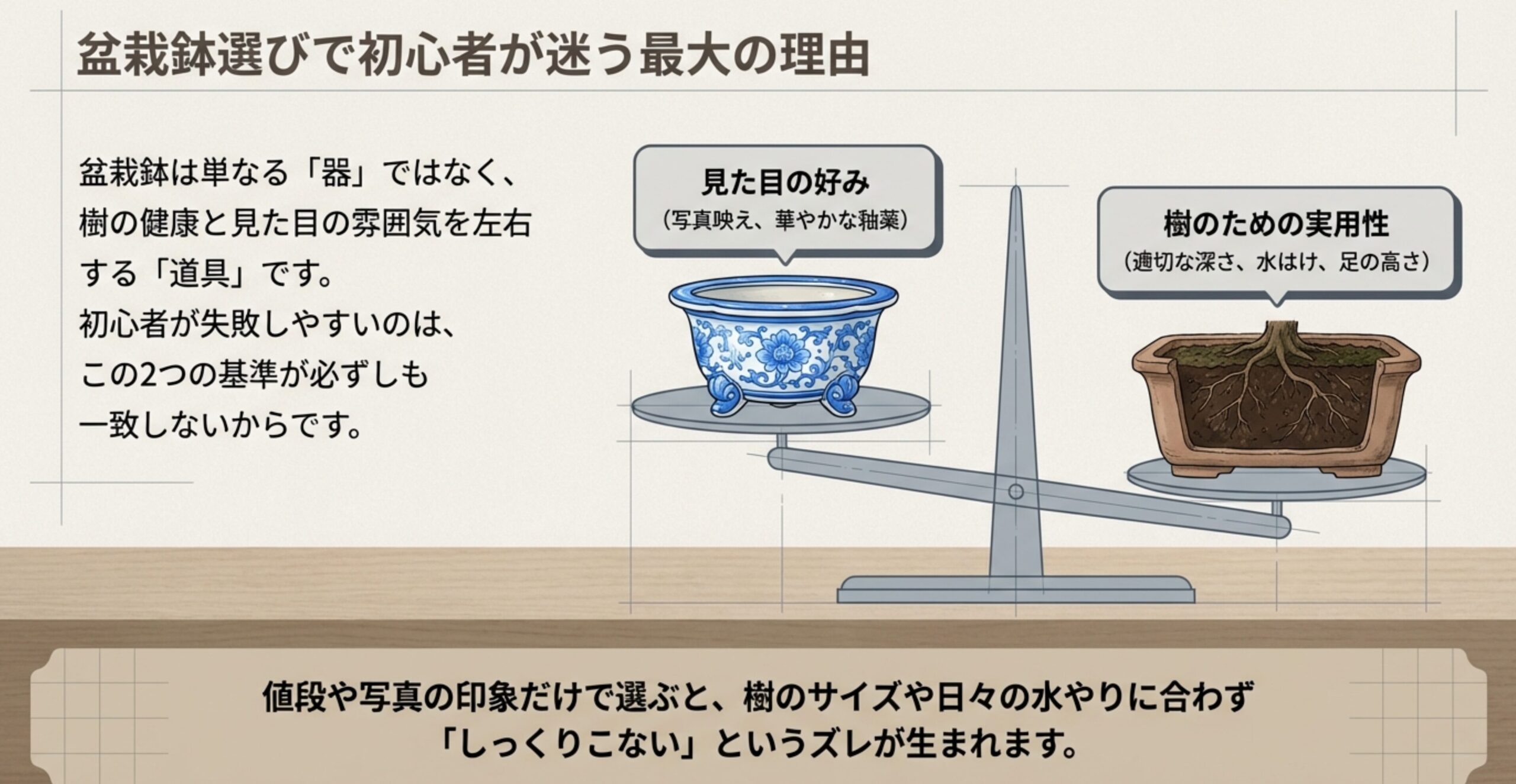 盆栽鉢選びで初心者が迷う理由。見た目の好み（写真映え）と樹のための実用性（深さ・水はけ）のズレを図解。