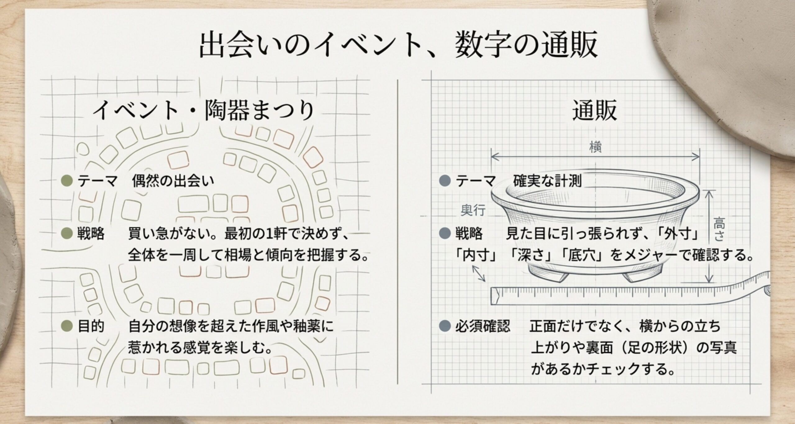 陶器まつり（偶然の出会いや相場把握）と通販（外寸・内寸・深さなどの確実な計測）での盆栽鉢を探す戦略の違いを図解。