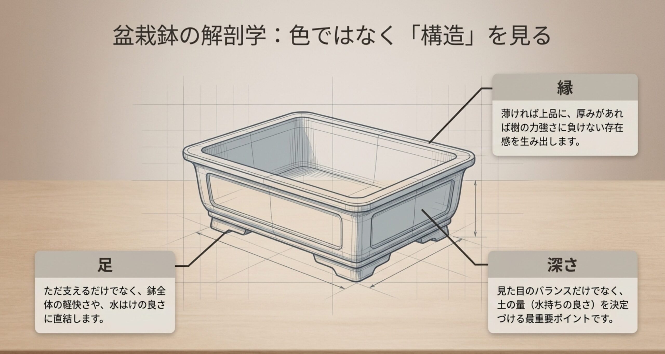 盆栽鉢の構造の重要性。縁の厚み、足の高さ、鉢の深さが持つ役割と選び方のポイント。