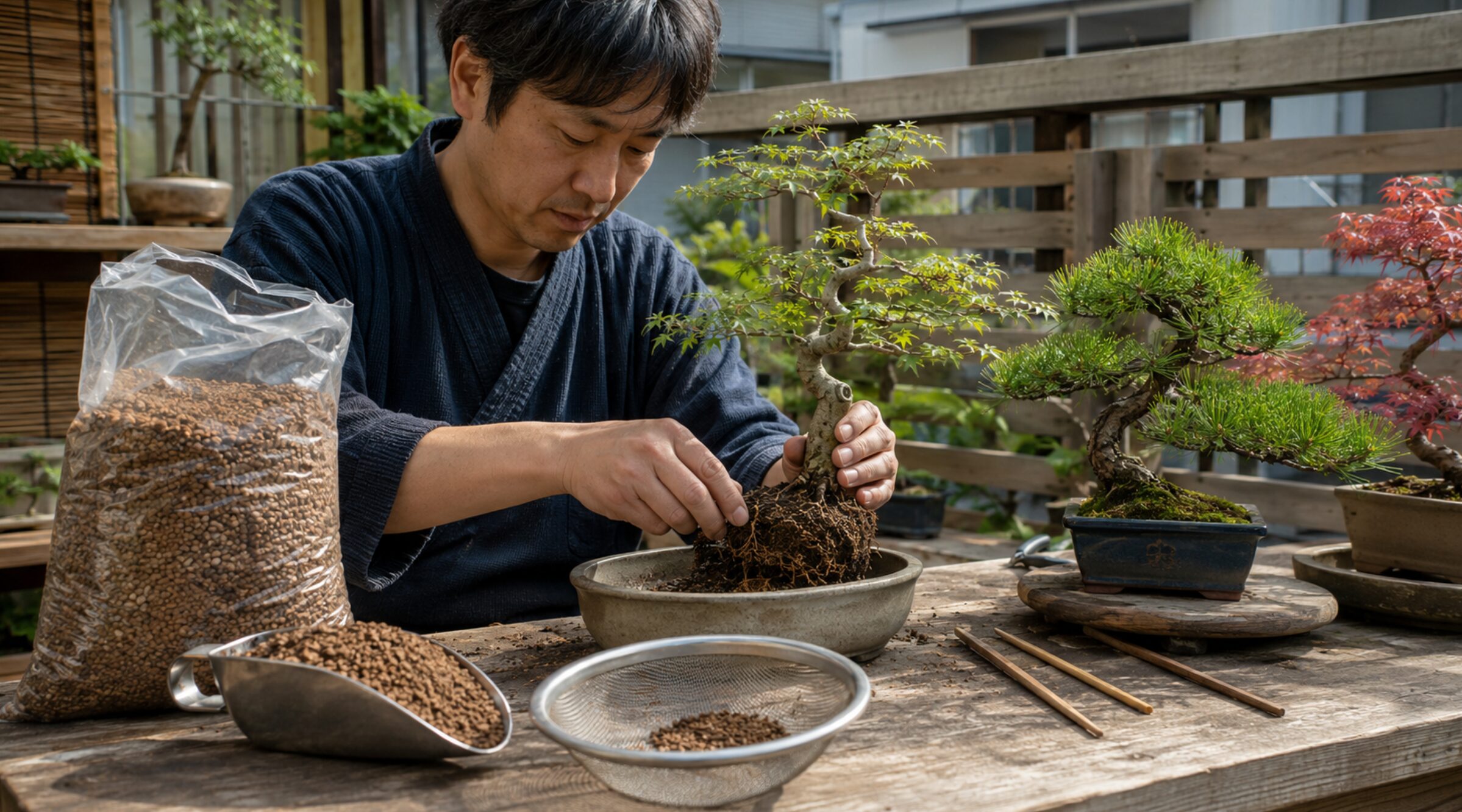 赤玉土だけで盆栽を植え替える日本人男性と盆栽道具