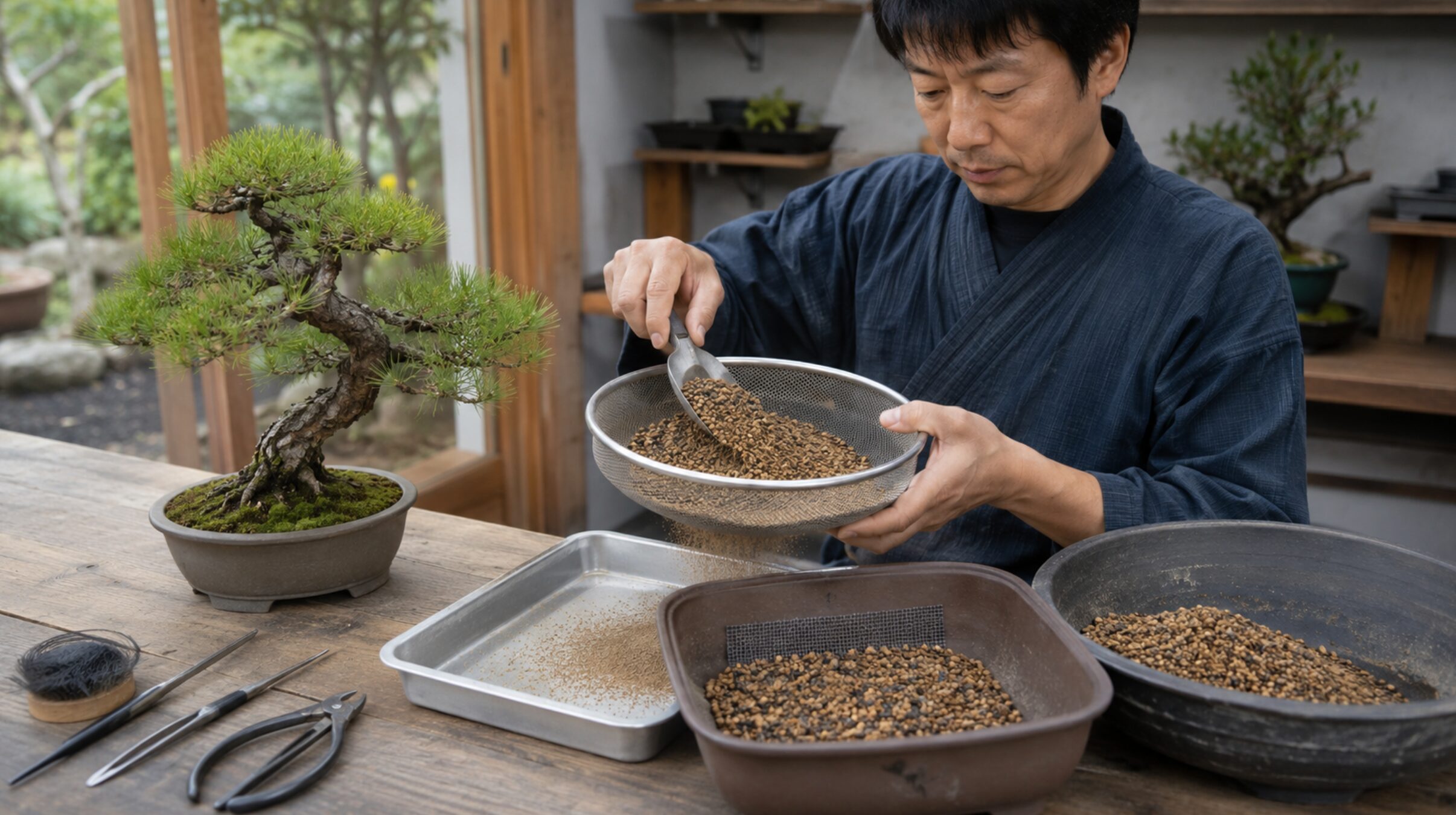 赤玉土をふるいにかけて盆栽の水はけ悪化を防ぐ作業