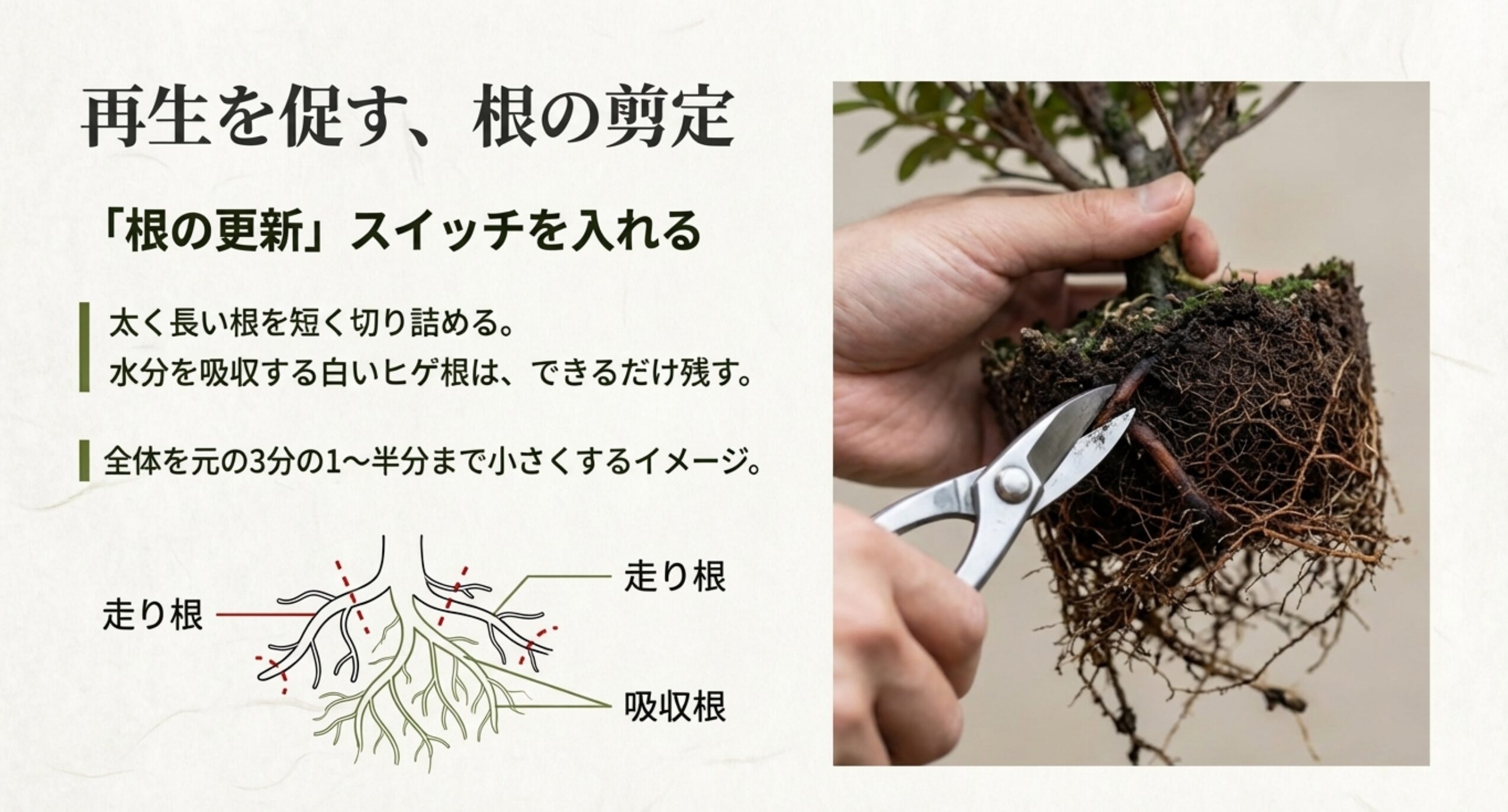 根の剪定方法を示す図解。太い「走り根」を切り詰め、細かい「吸収根」を残すポイントと、全体の3分の1から半分まで小さくするイメージ図。