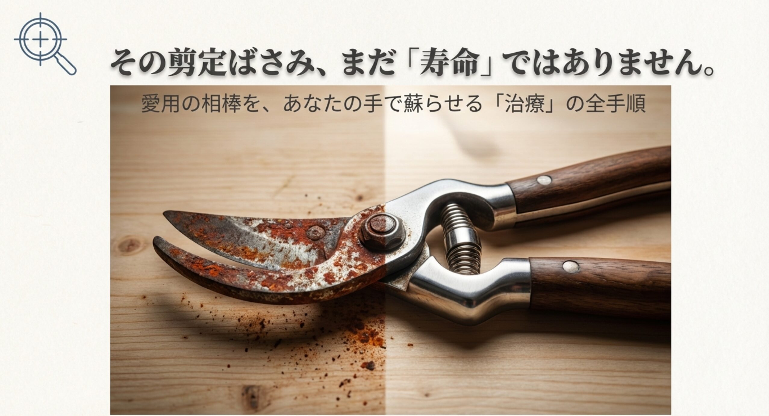左側には赤錆に覆われた古い剪定ばさみ、右側にはメンテナンスされ銀色に輝く剪定ばさみが並べられた比較画像。「愛用の剪定ばさみ、切れ味は修理で取り戻せる」