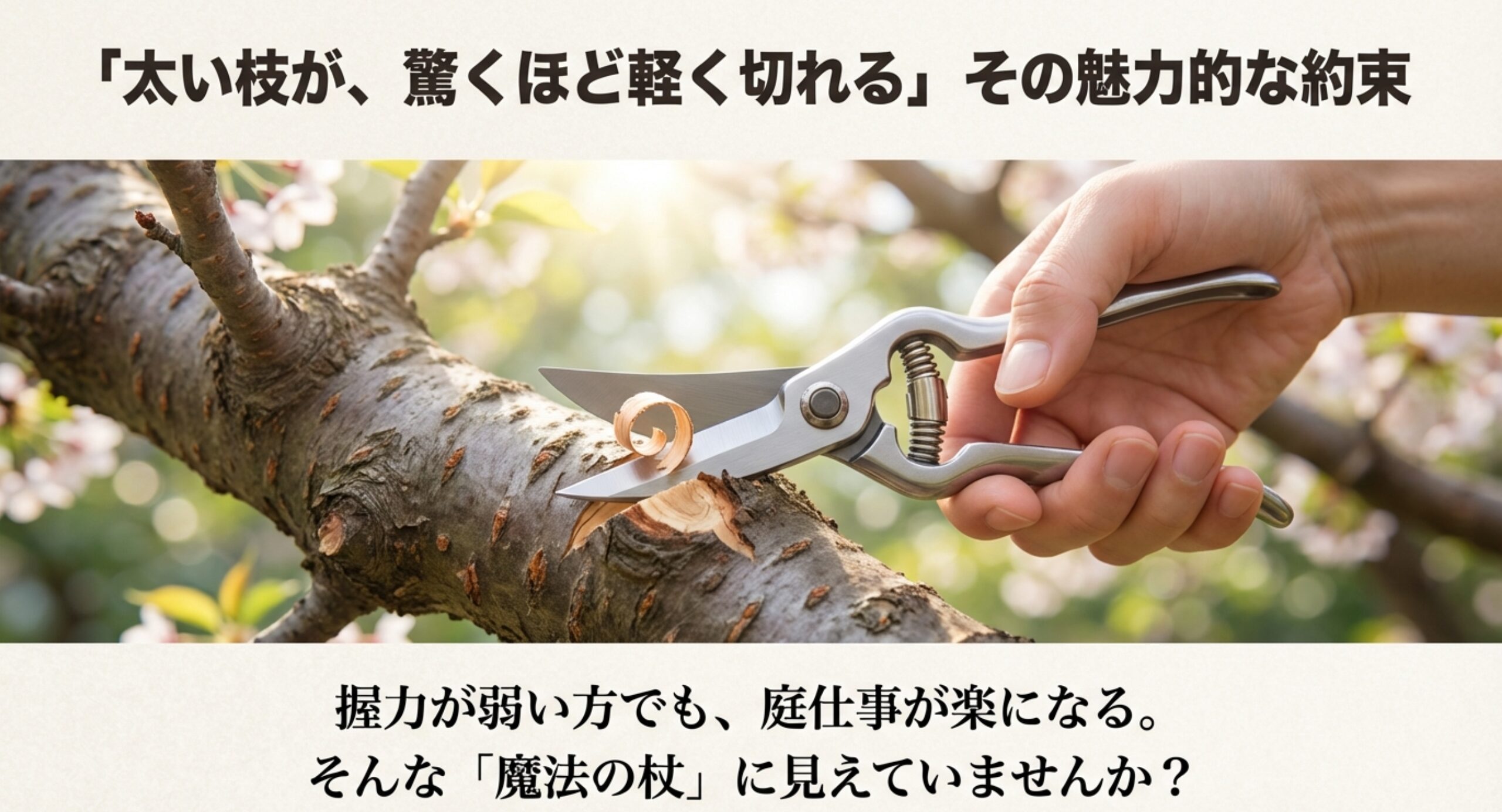 太い枝を軽く切るラチェット式剪定鋏を持つ手と、製品の魅力的なイメージ