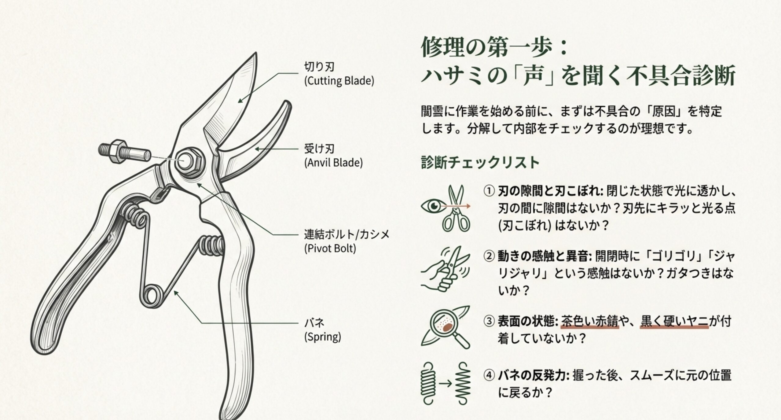 剪定ばさみの構造図解（切り刃、受け刃、連結ボルト、バネ）と、刃の隙間、異音、バネの反発力など、修理前に確認すべき診断ポイントをまとめたスライド。