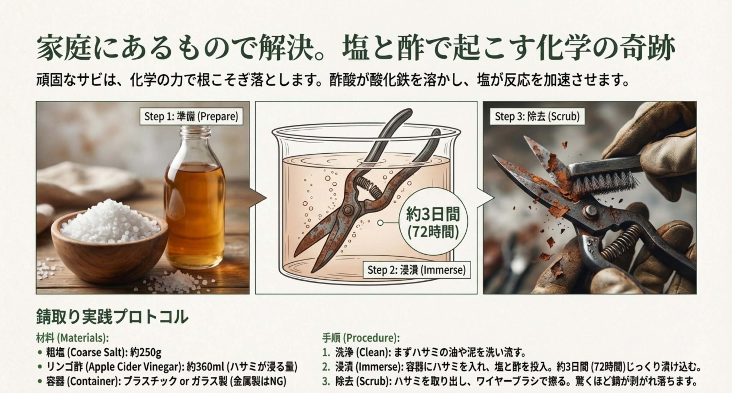 錆取りに必要な準備物（塩、酢、容器）の写真と、ハサミを浸け込んで錆を化学分解させ、ブラシで除去するまでの3ステップ（準備・浸漬・除去）を描いたイラスト。