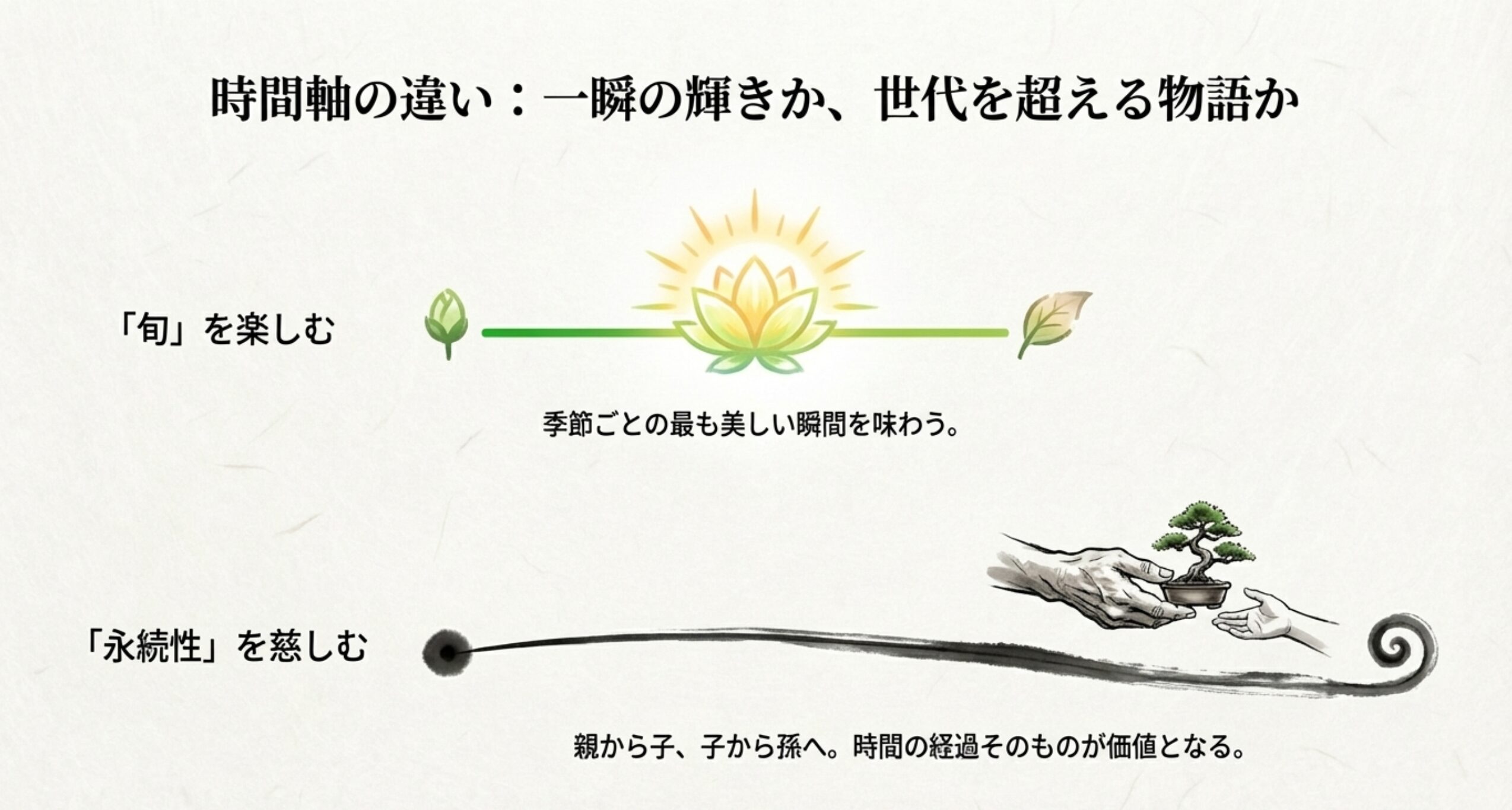 季節の旬を楽しむことと、世代を超えて永続性を慈しむことの違いを表した図