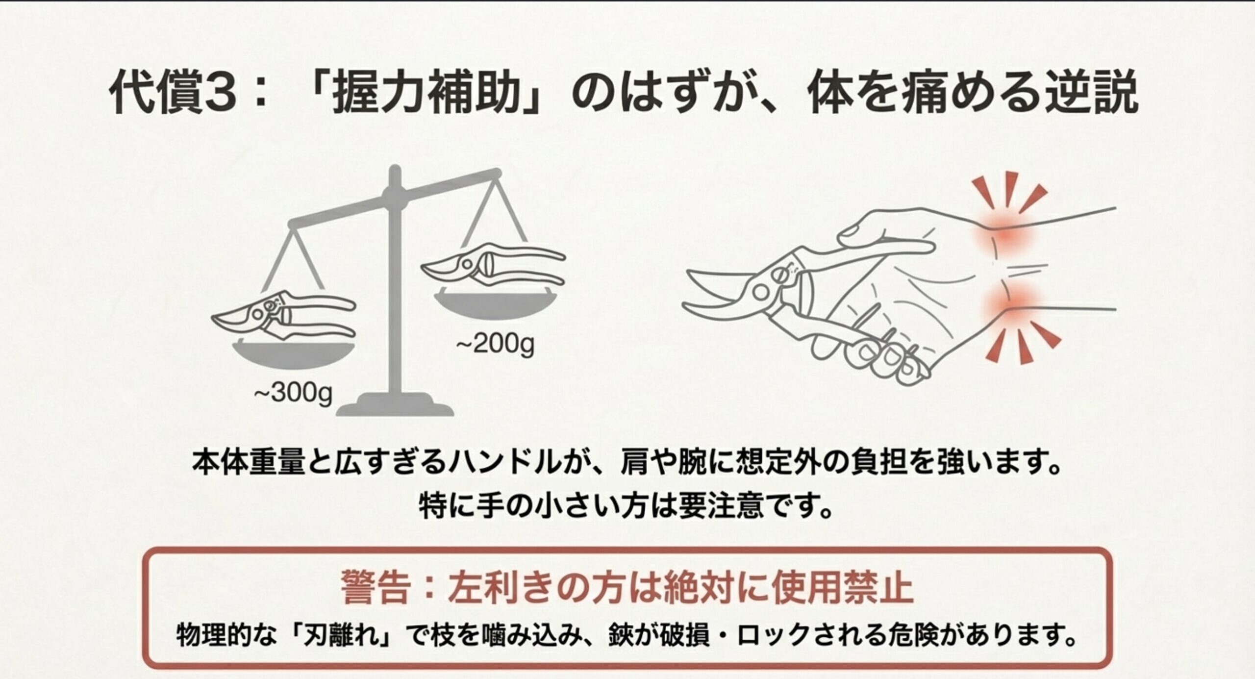 ラチェット式の重さ(約300g)とバイパス式の重さ(約200g)を天秤にかけた図と、手首の炎症を示すイラスト
