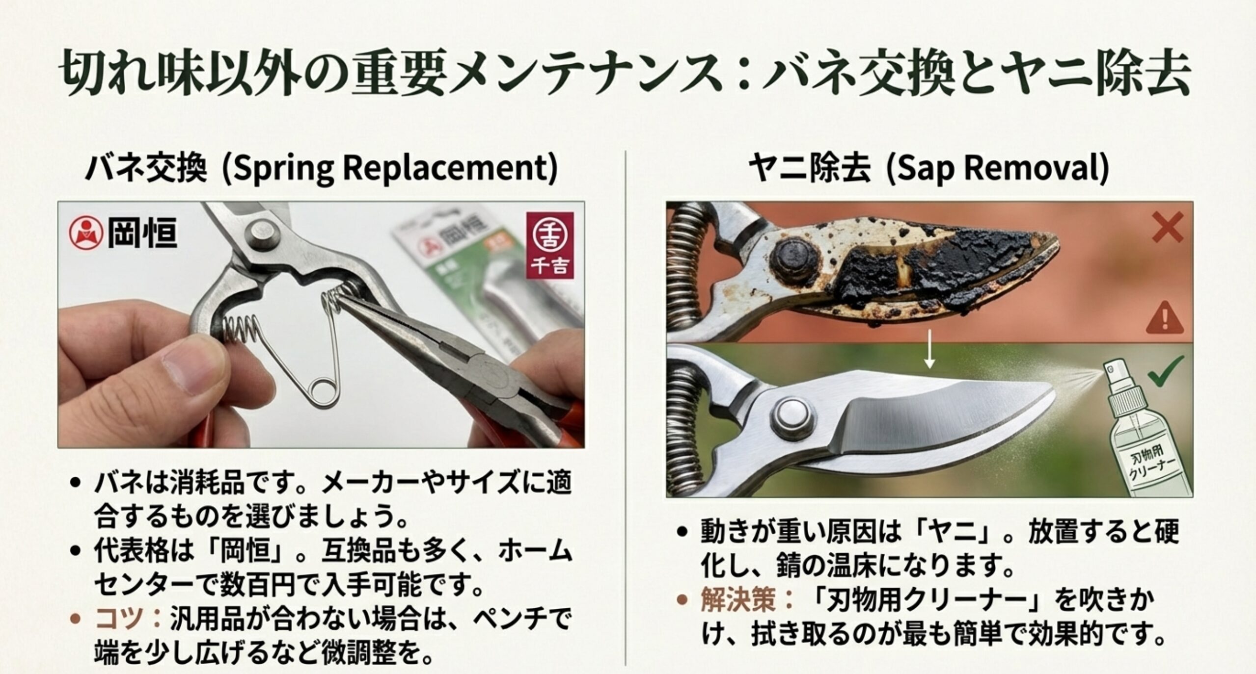 剪定ばさみの刃の断面図。切り刃と受け刃の正しい噛み合わせ（チェックマーク）と、裏刃に角度をつけて研いだ場合に生じる「隙間」が枝を噛む原因になること（バツマーク）を示した比較図。