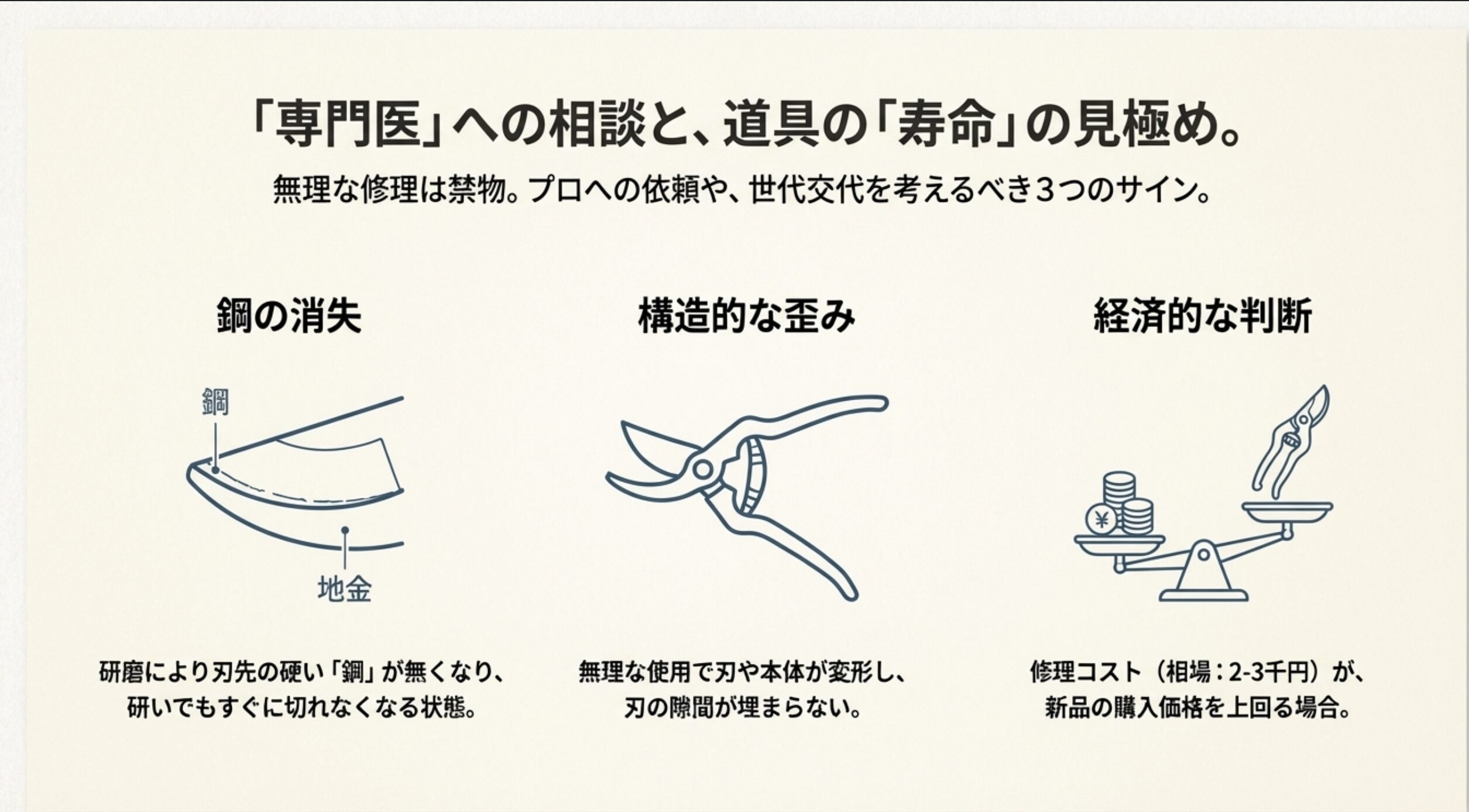 鋼（ハガネ）が研ぎ減って無くなった状態や、構造的な歪みなど、自分では修理できない寿命のサインを解説し、プロの職人に依頼する判断基準を示したスライド。
