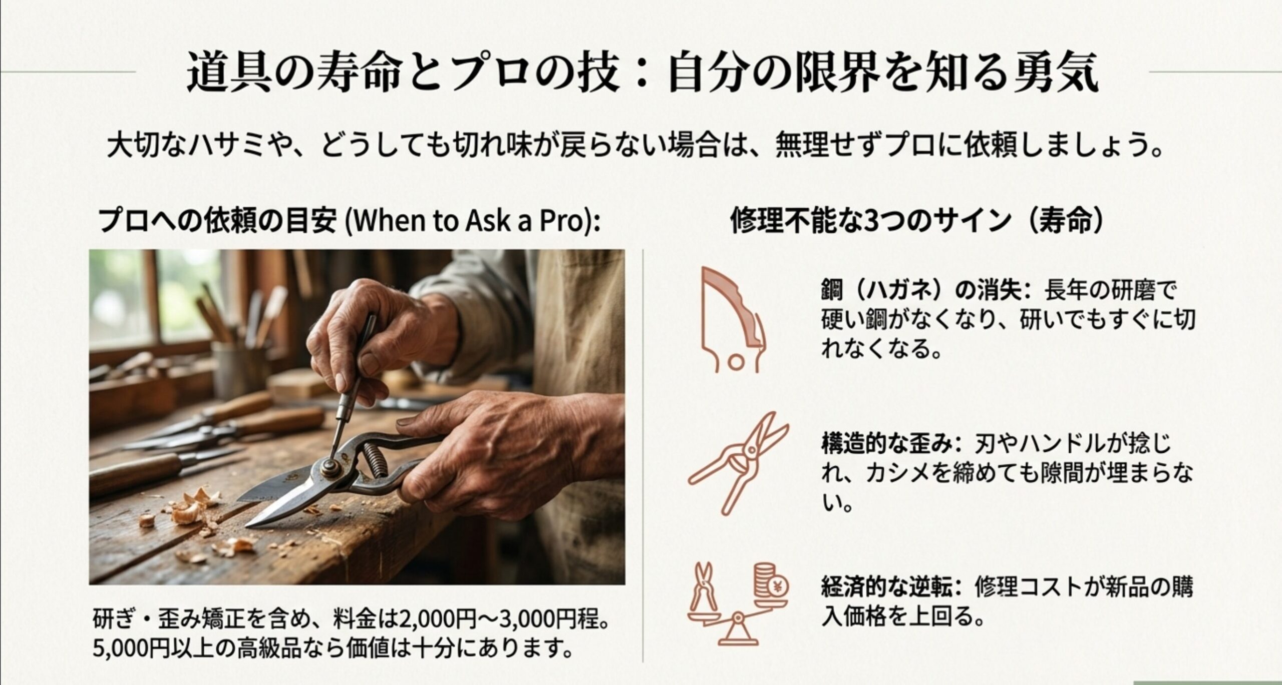 作業後のハサミのお手入れ手順。ヤニ取り洗浄、病気を防ぐ消毒、乾燥、そしてカシメ部分への注油という4つのサイクルを示した図。