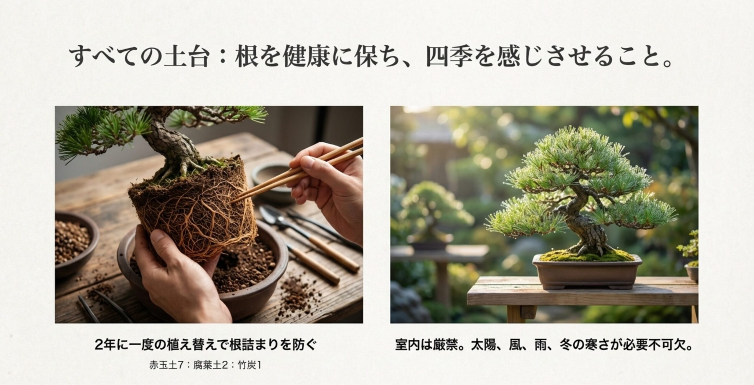 盆栽を眺める人物のイラストと共に、盆栽は樹との対話であるというメッセージを込めたスライド。