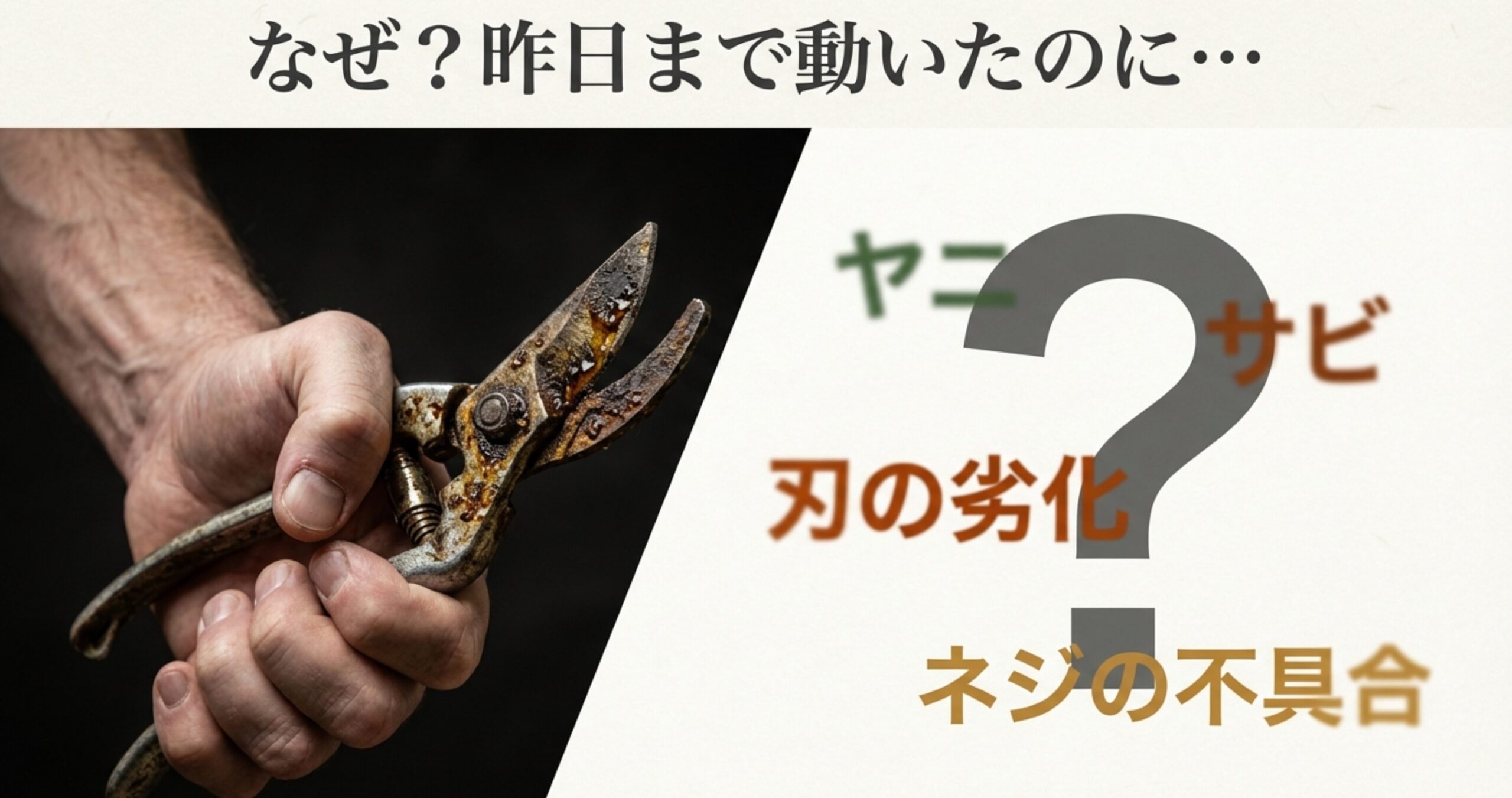 ヤニ（ベタベタ）、サビ（ガリガリ）、刃の劣化（噛む）、ネジ不具合（ガタガタ）の4つの症状を説明するイラスト