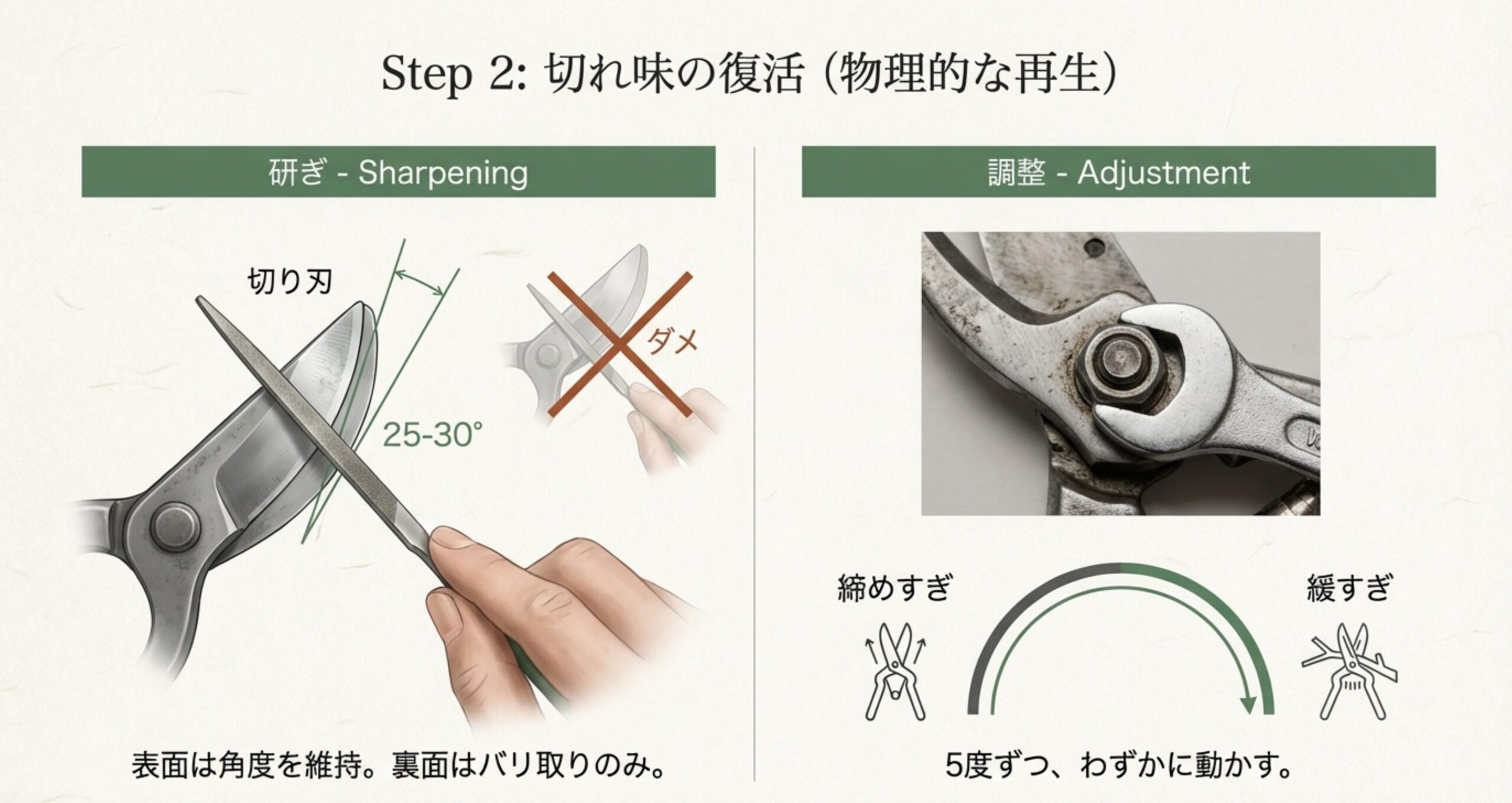 剪定バサミの支点、刃の合わせ面、バネの3箇所に油を差すべきポイントを示したイラスト