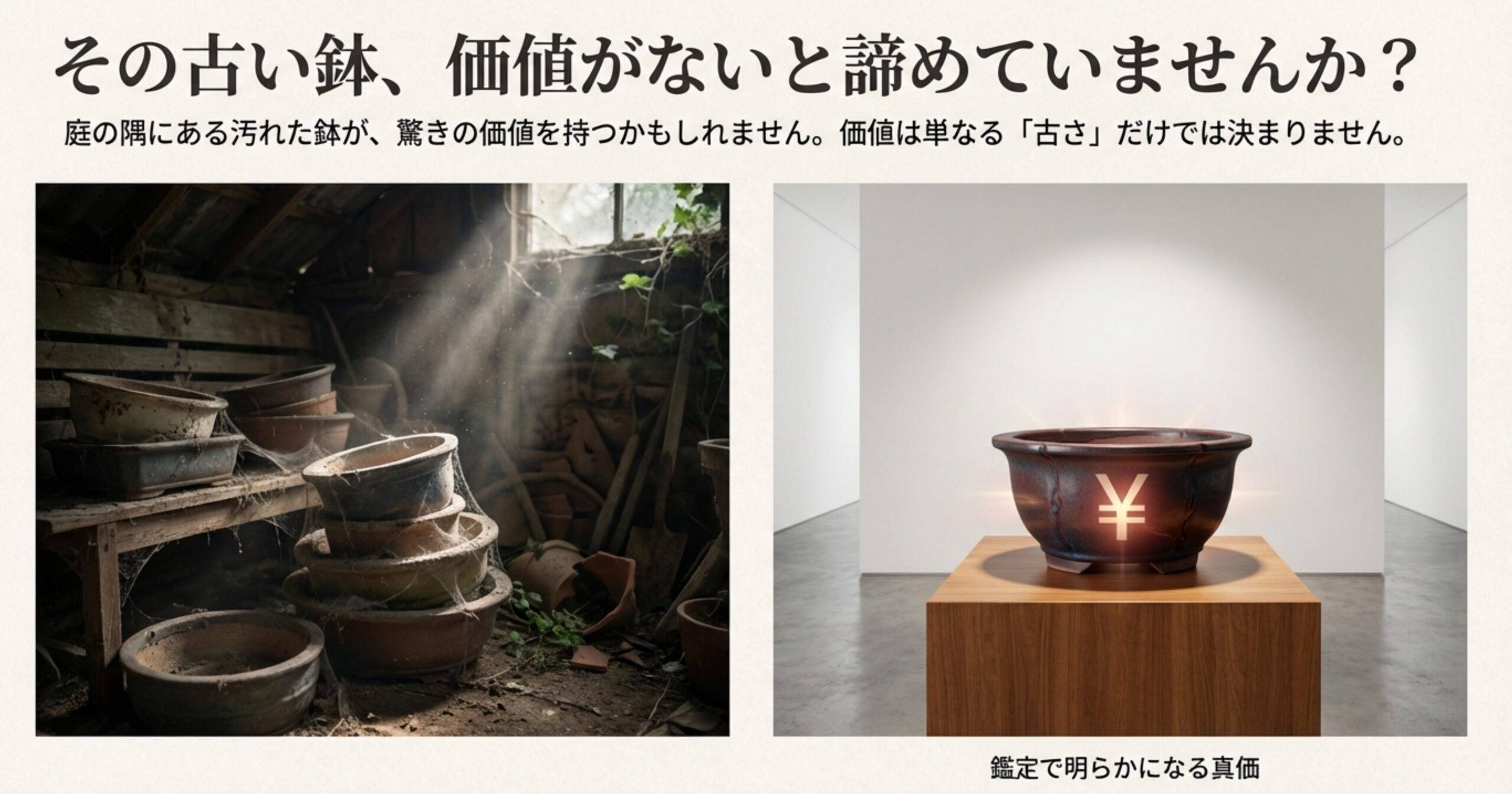 庭の隅にある汚れた古い鉢が、鑑定によって価値が明らかになるイメージ図。