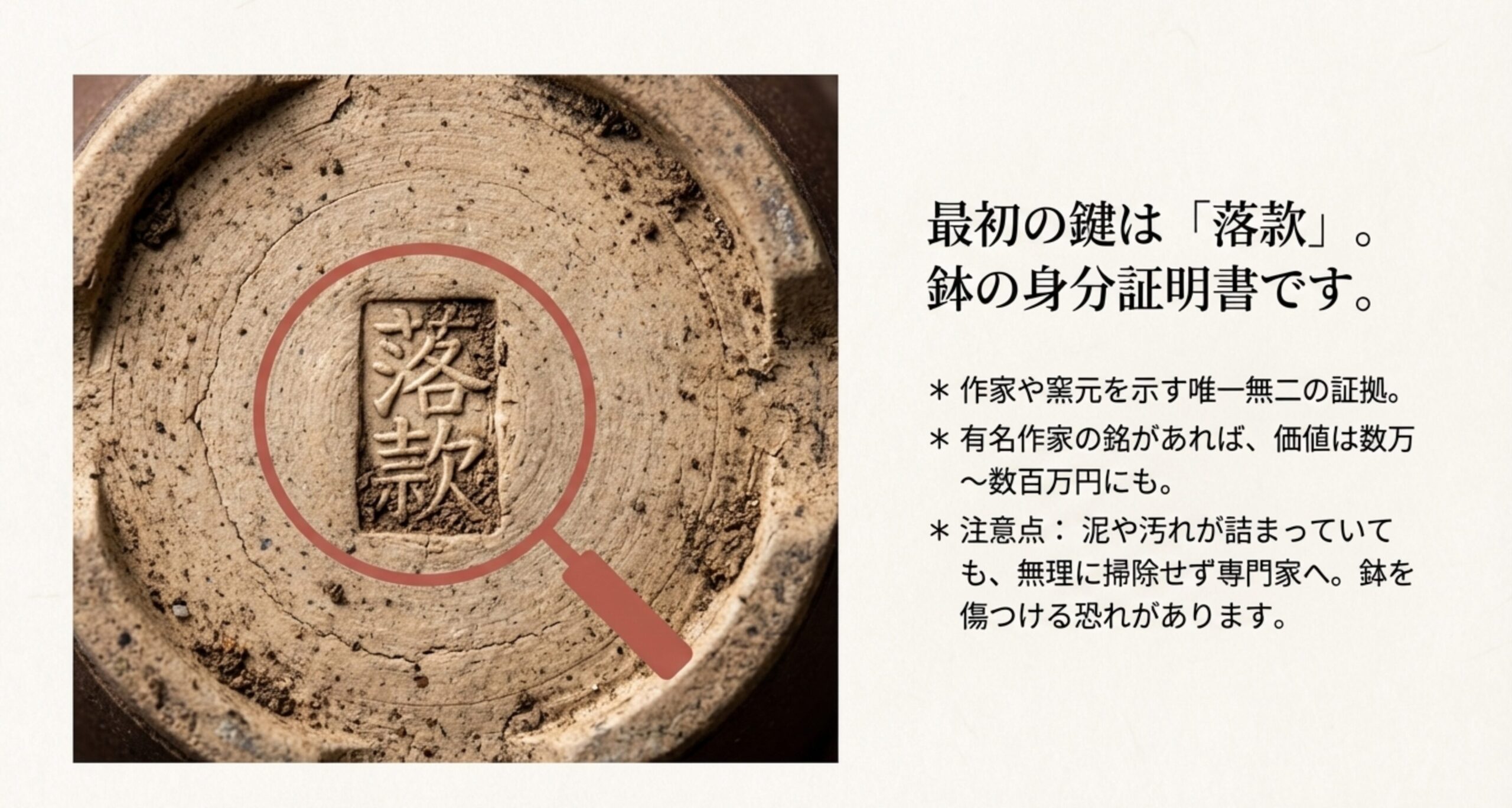 盆栽鉢の底にある落款の拡大写真。作家や窯元を示す唯一無二の証拠であり、身分証明書であるという説明。