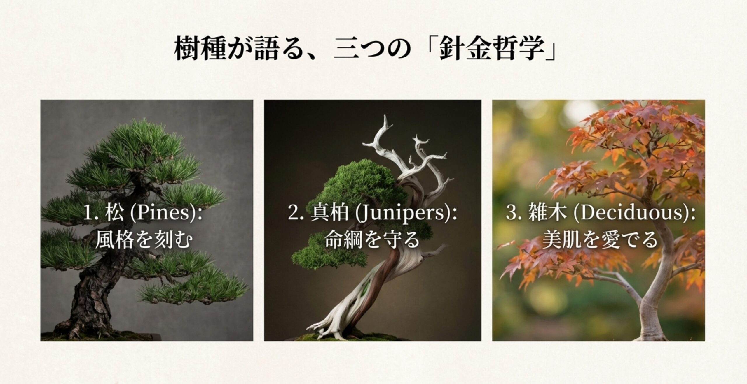 松の樹皮に針金が食い込んでいる様子。コルク質の樹皮を作る「古色」への道と、スプリングバックを抑える矯正効果、4月〜6月の注意点を解説したスライド。