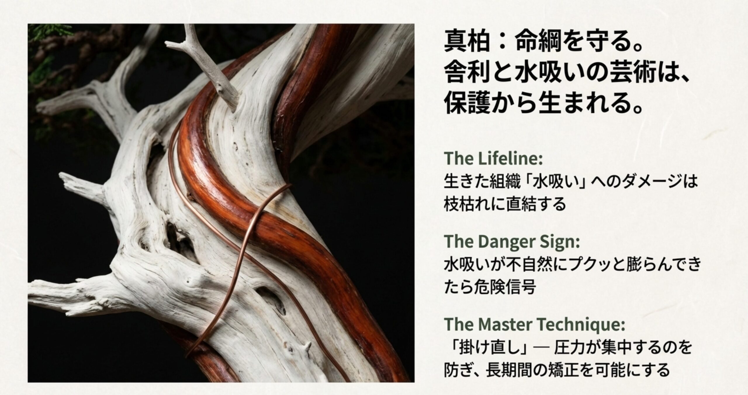 真柏の白い舎利と赤い水吸いに巻かれた針金の画像。生命線である水吸いへのダメージを防ぐための危険サインと、長期間の矯正を可能にする「掛け直し」技術を解説したスライド