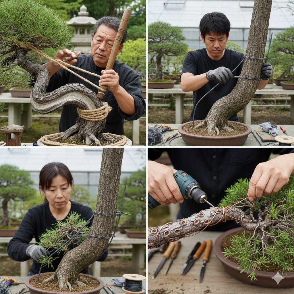 プロが教える盆栽の太い幹を曲げる技法