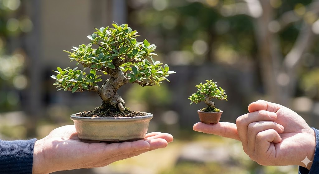 ミニ盆栽とまめ盆栽のサイズの違い