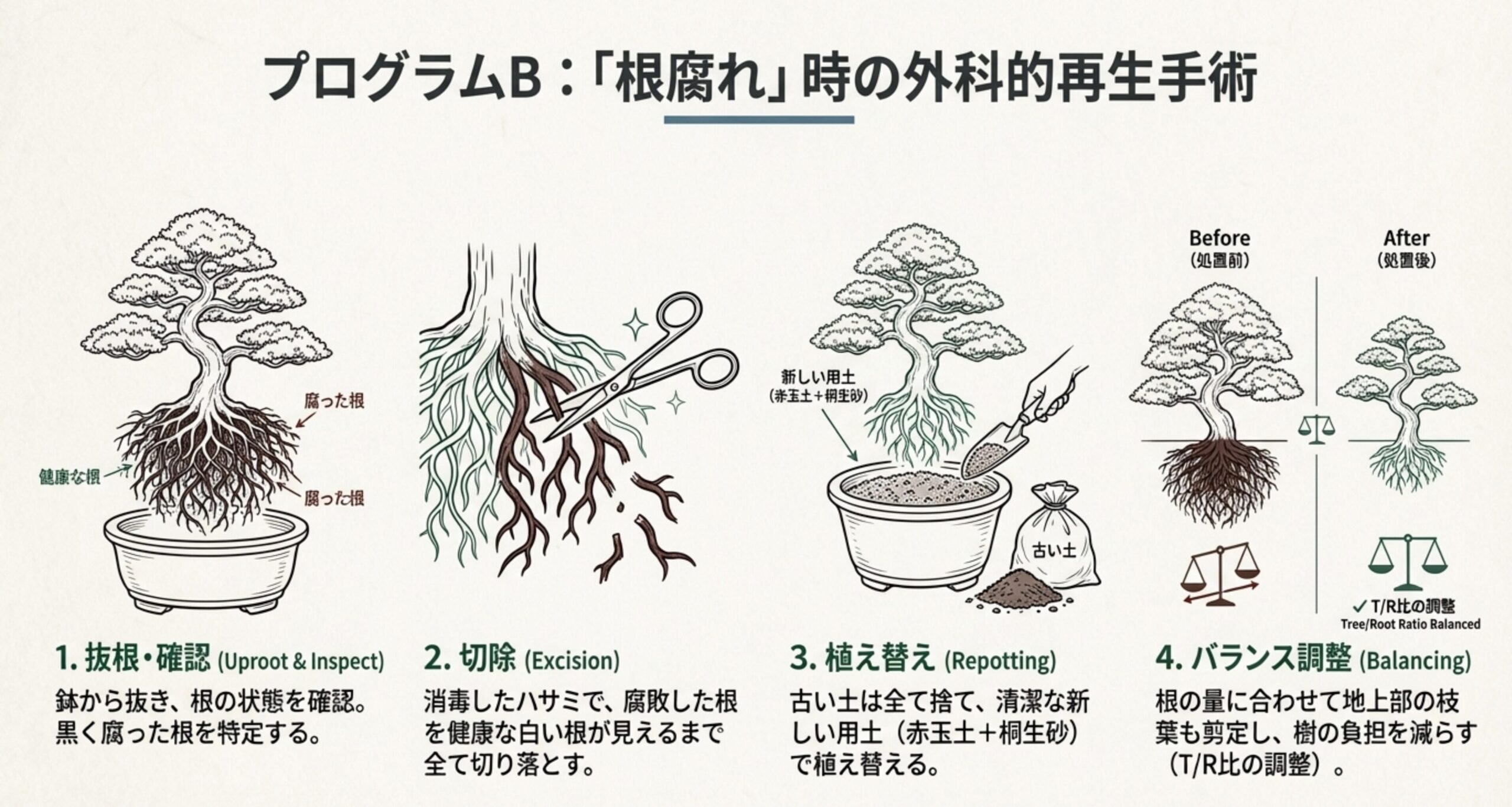 腐った根を切除し新しい土へ植え替える再生手術の手順イラスト