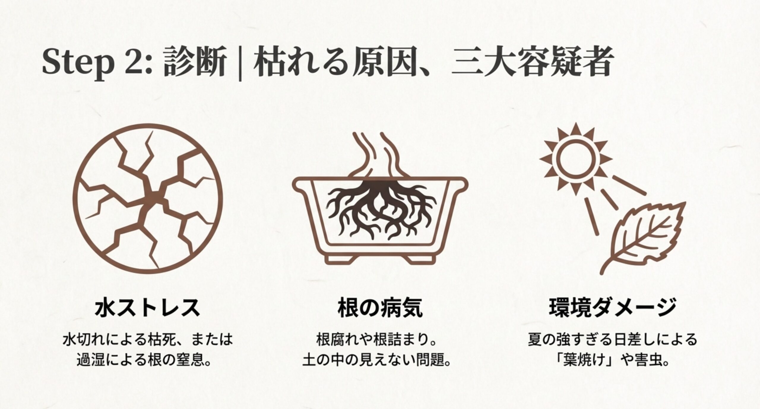 枝の弾力性、芽の脱落、根の状態の3つを確認するポイントをまとめたイラストスライド。