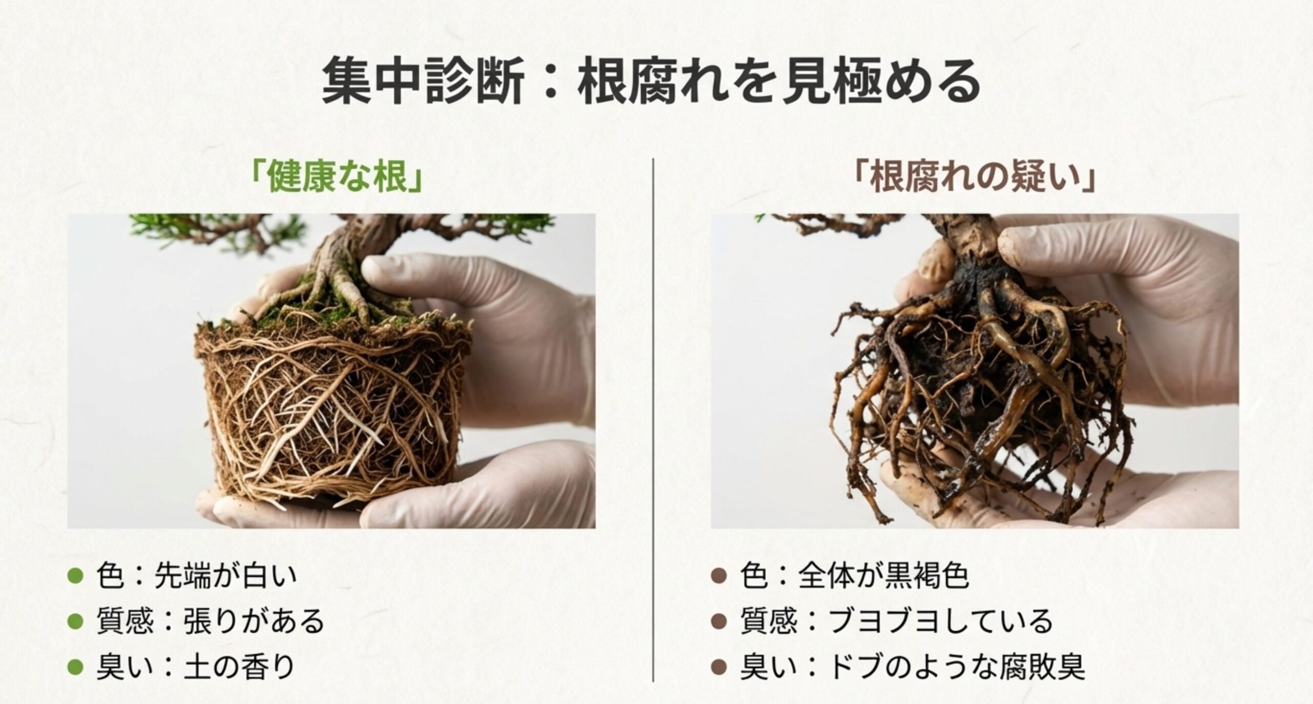 左側に白い先端の健康な根、右側に全体が黒褐色になった根腐れの根を並べ、色・質感・臭いの違いを比較した写真スライド。