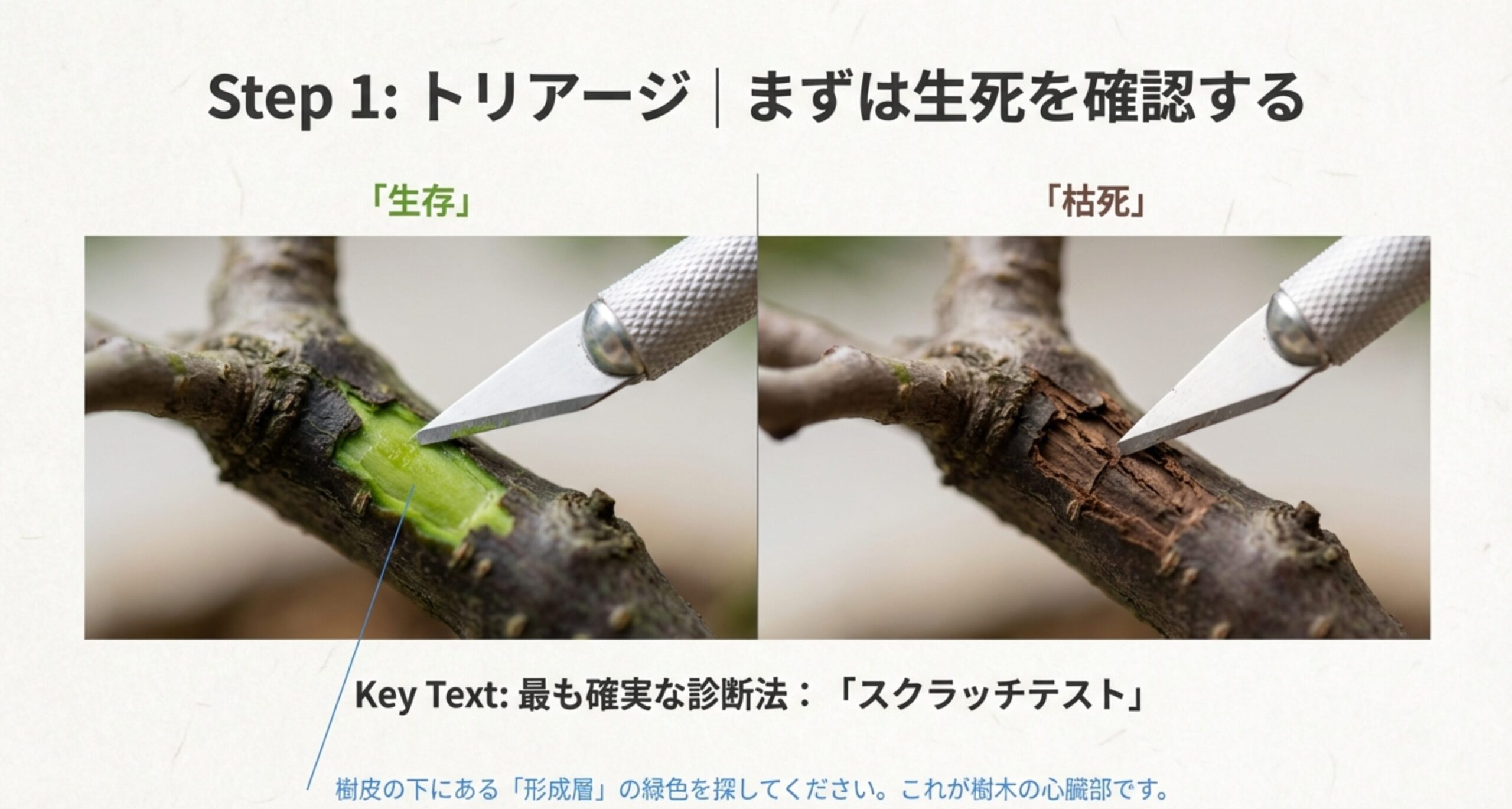 スクラッチテストの方法を解説するスライド。樹皮の下にある緑色の「形成層」を探すことが重要であると説明されている。