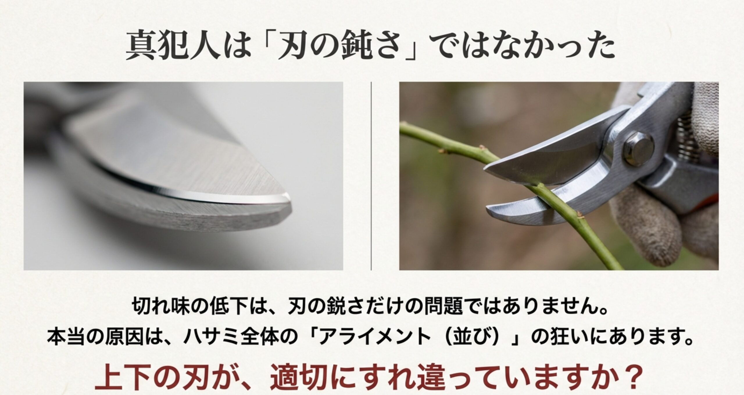 剪定鋏の刃の裏側にある「裏スキ」というくぼみと、接触面である「糸裏」を解説した図解。ヤニや木屑の「逃げ場」となり、スムーズな動きを維持する仕組みが示されています。