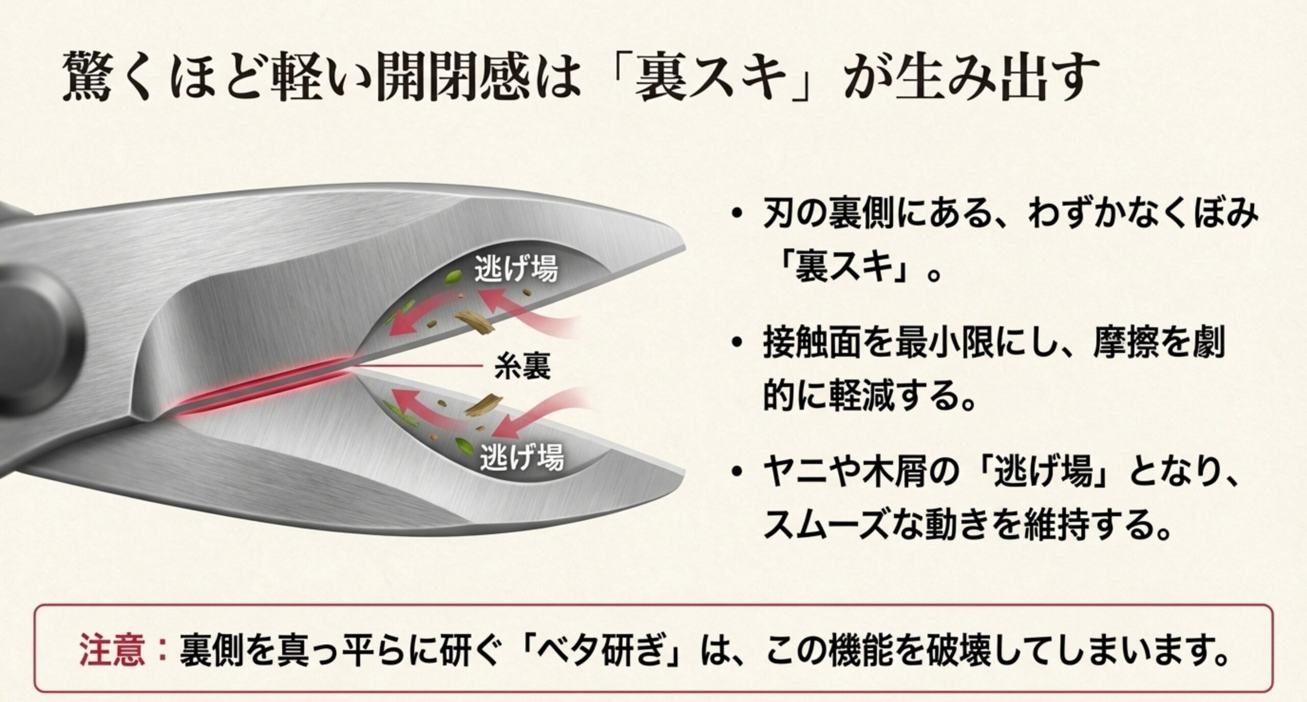 剪定鋏の刃先を至近距離から写した写真。切れ味の低下は刃の鋭さだけでなく、ハサミ全体の並び（アライメント）が狂い、上下の刃が適切にすれ違わなくなることが原因であると述べています。