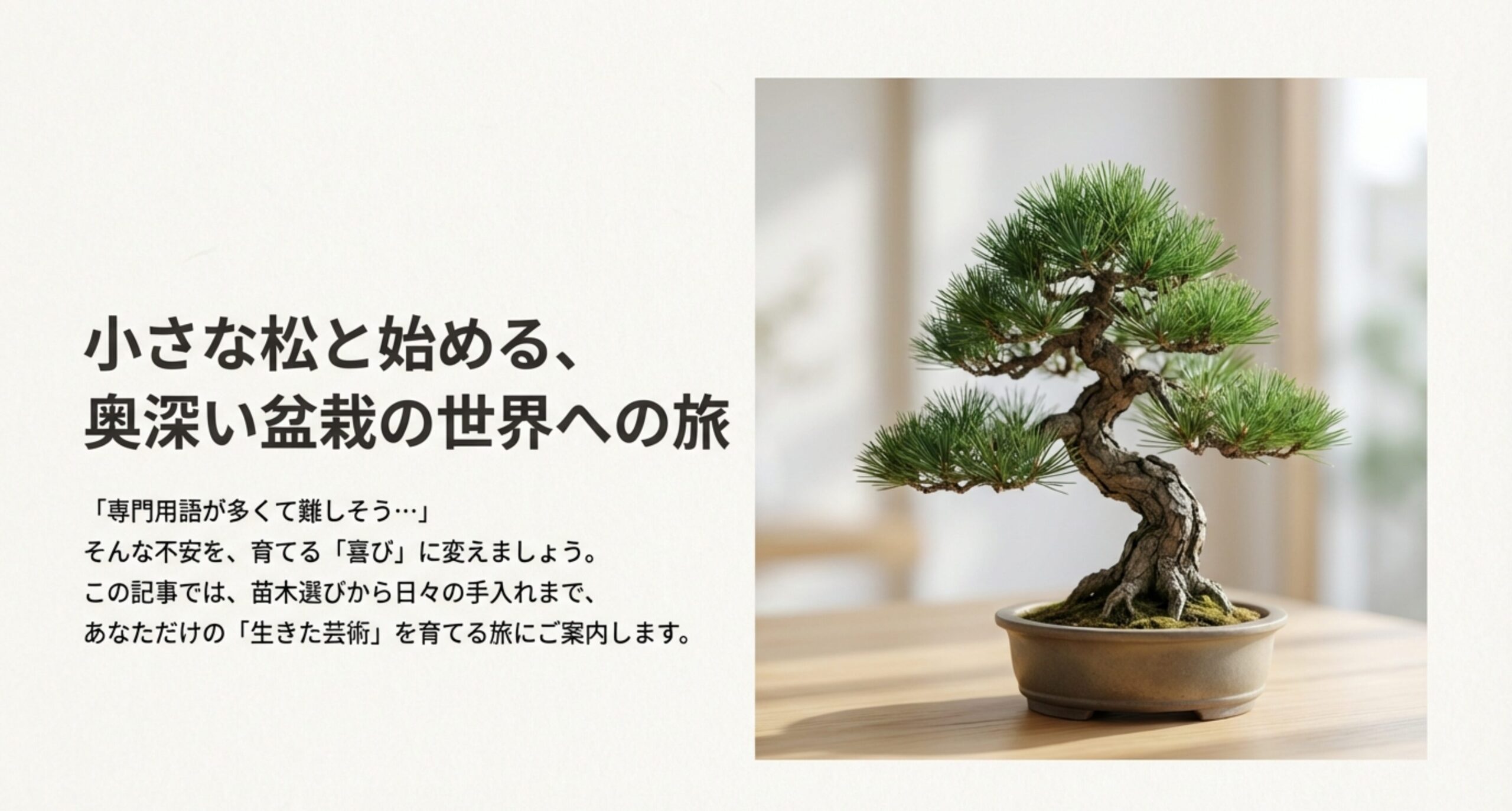 美しい松のミニ盆栽の写真とともに「小さな松と始める、奥深い盆栽の世界への旅」というタイトルが書かれたスライド 。