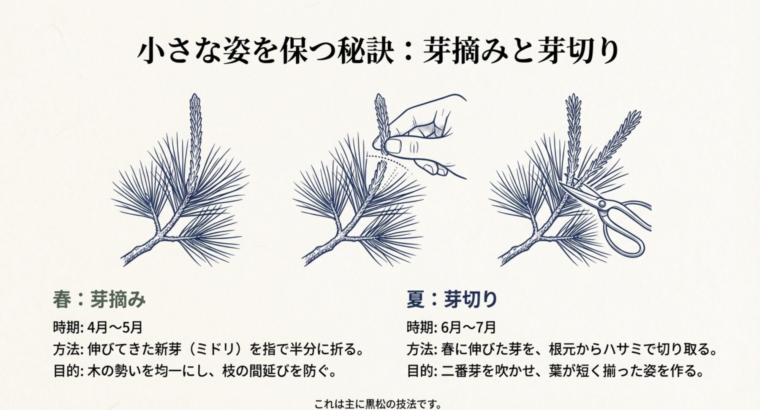 新芽を指で折る芽摘みと、ハサミで根元から切る芽切りの手順と時期を説明するイラストスライド