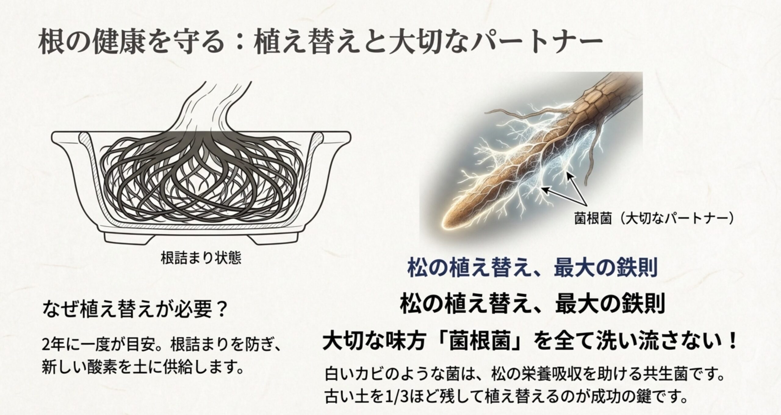 根詰まりの状態と、大切な「菌根菌」を洗い流さず古い土を1/3残して植え替える手順の図解スライド 。