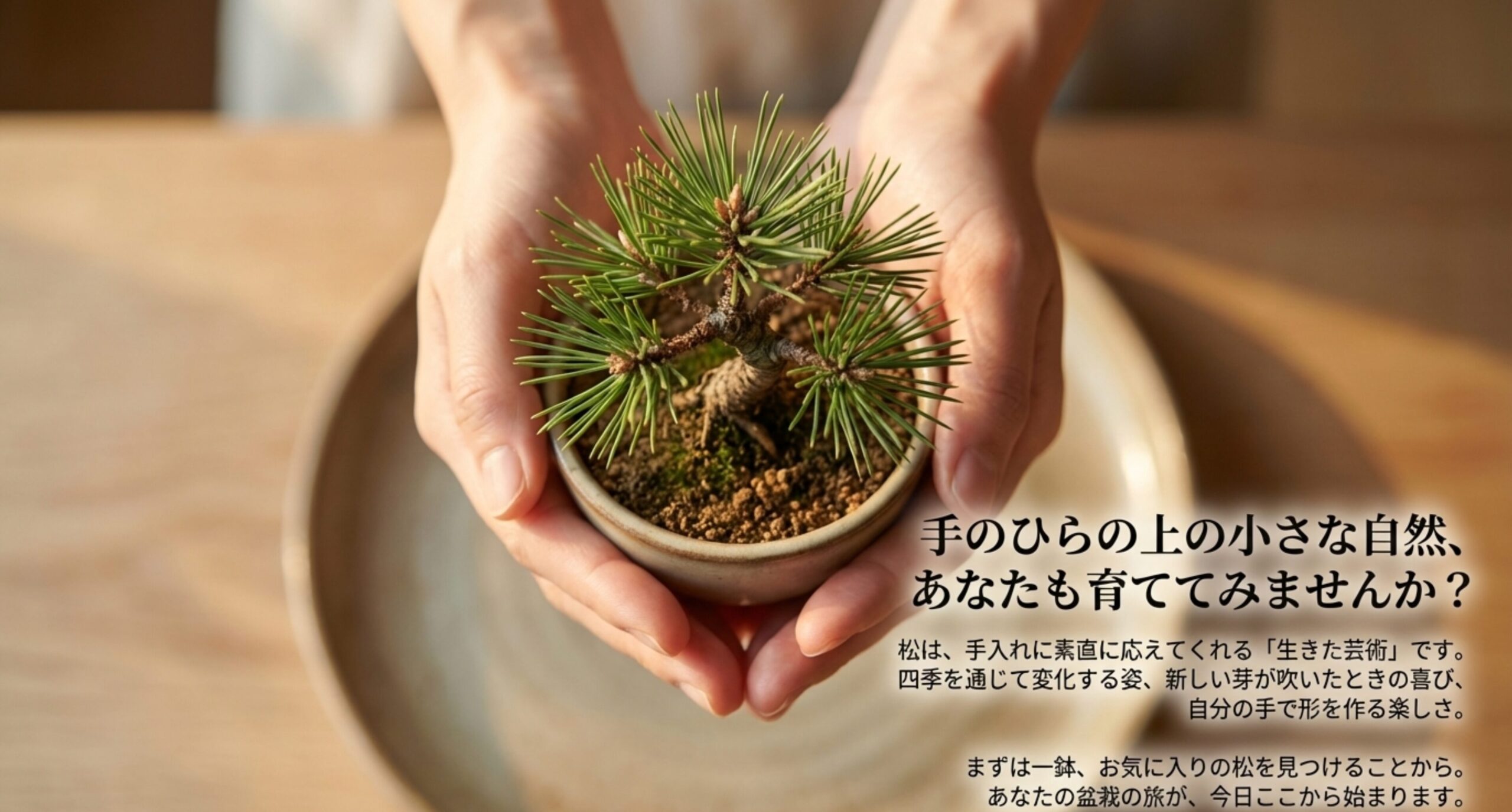 手のひらサイズの松盆栽の写真とともに「あなたの盆栽の旅が、今日ここから始まります」という結びのメッセージが書かれたスライド 。