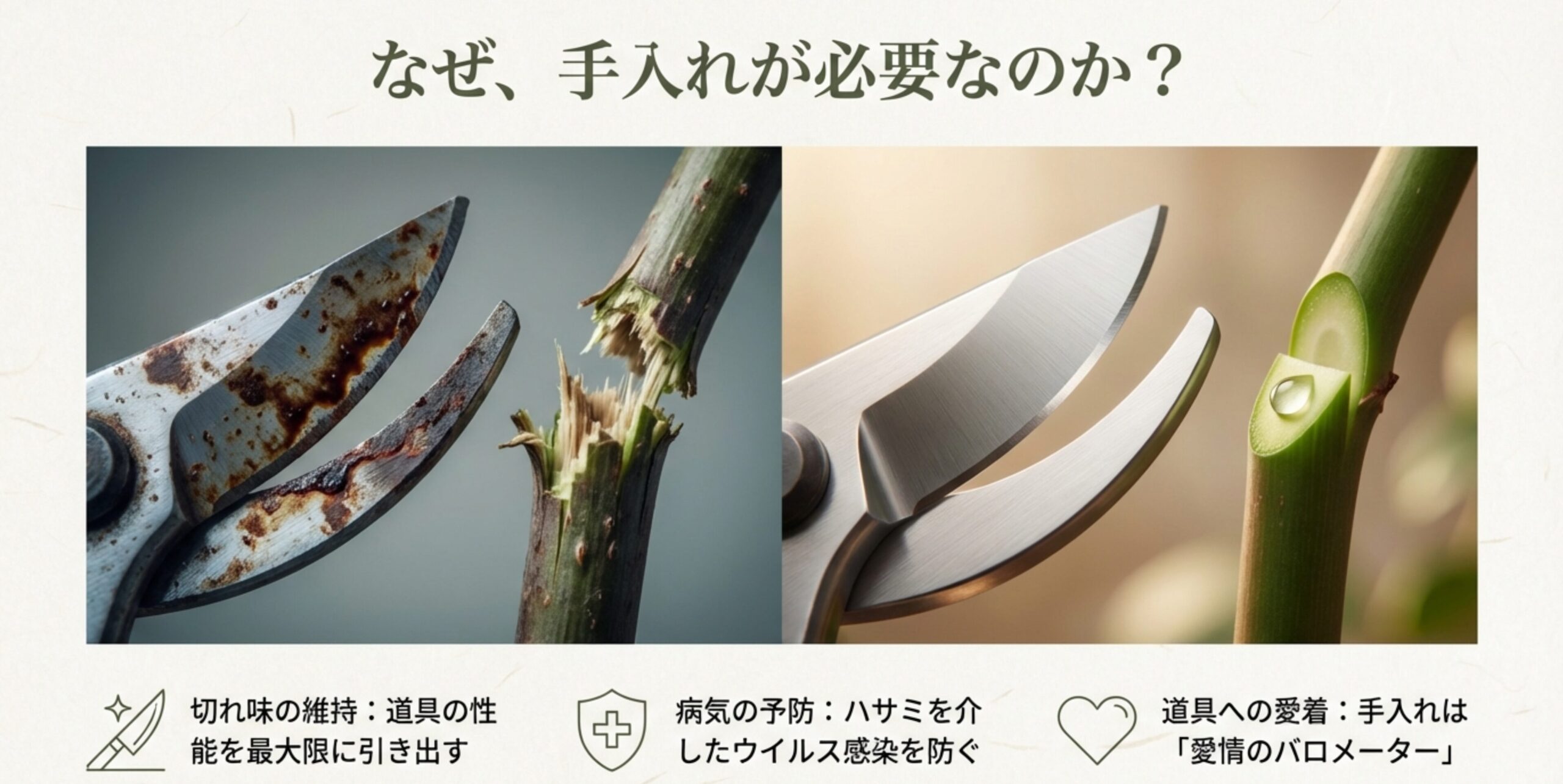 錆びたハサミで切ったボロボロの枝と、清潔なハサミできれいに切られた枝の対比画像。切れ味の維持、病気の予防、道具への愛着という3つの必要性が示されている。