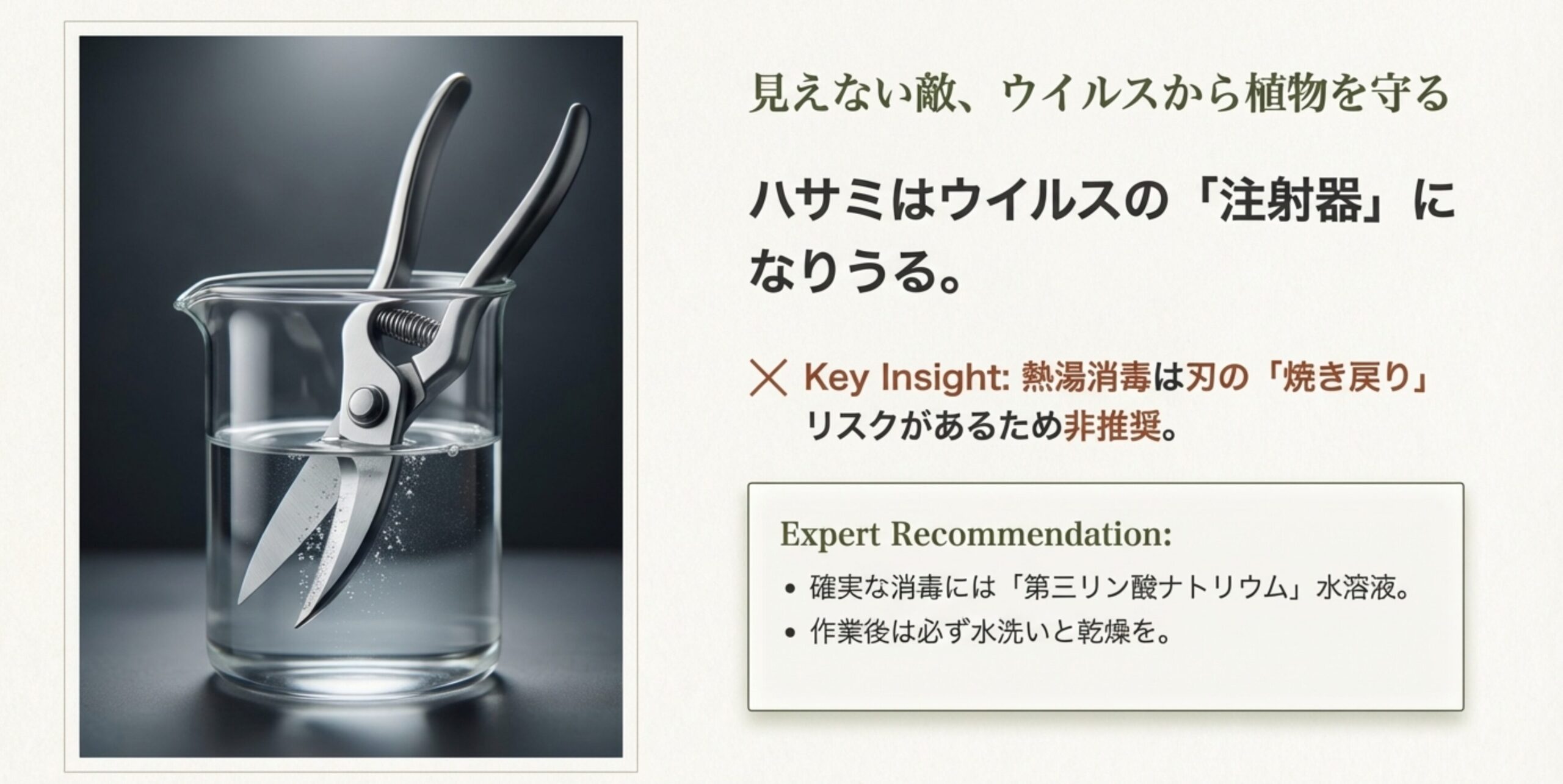 ビーカーに入った消毒液に浸される剪定ばさみのイラスト。熱湯消毒は刃をなまらせるリスクがあるため非推奨とし、第三リン酸ナトリウム水溶液による消毒を推奨している。