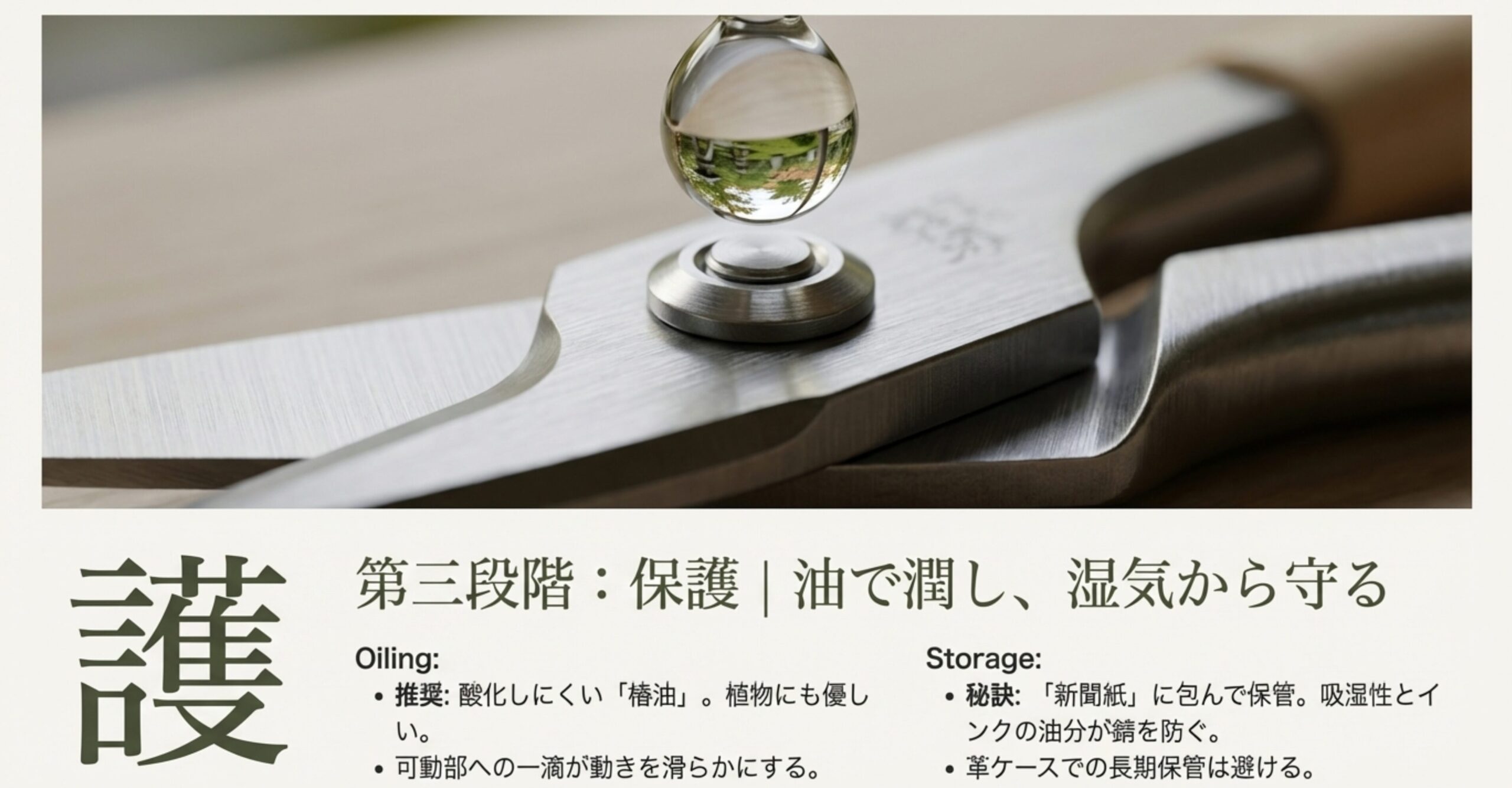 「護」の文字。椿油による保護、新聞紙に包んでの保管、可動部への注油、革ケースでの長期保管を避けることなど、湿度から守るための秘訣がまとめられている。