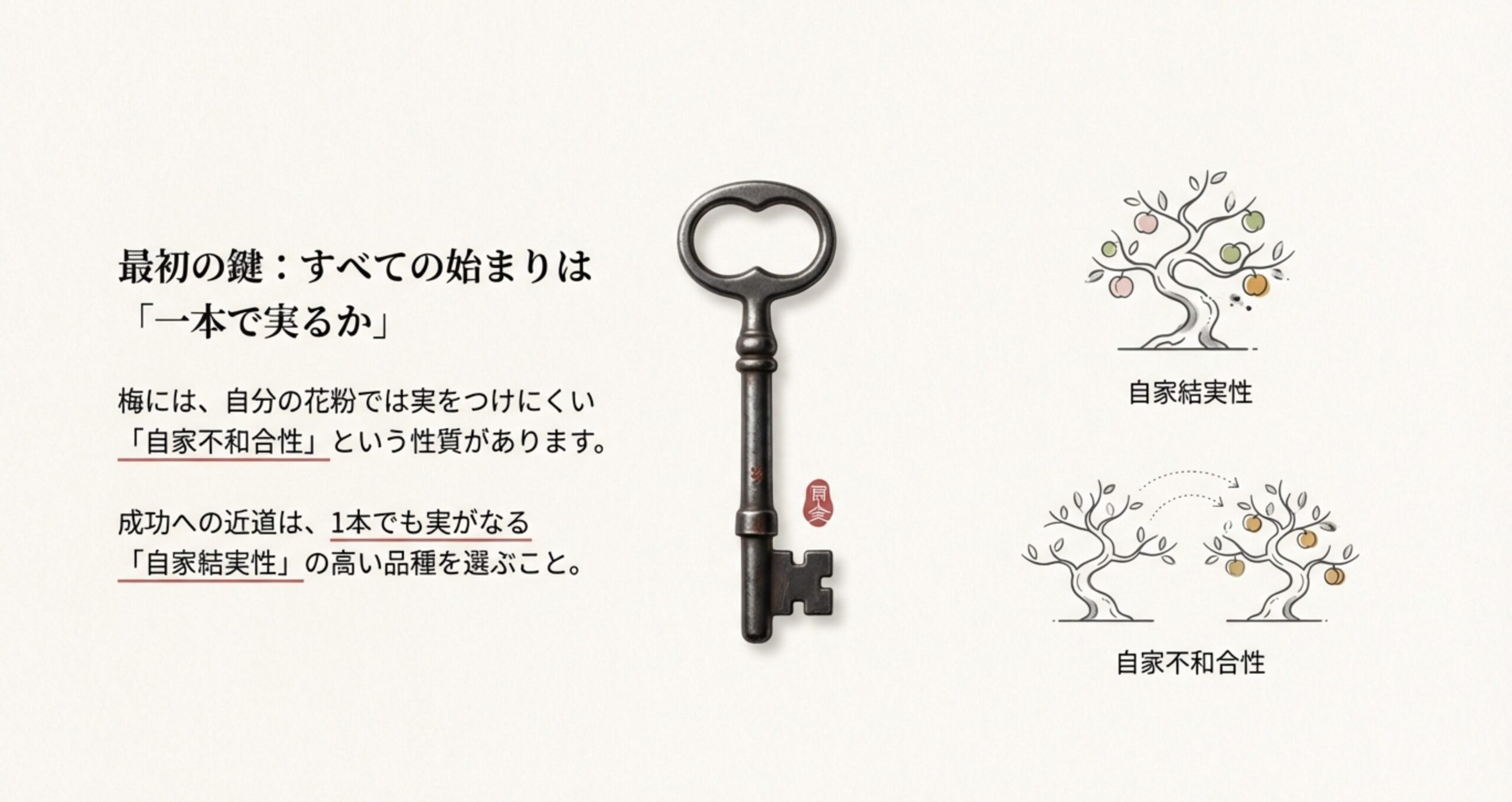 梅の「自家不和合性（自分の花粉で実がなりにくい）」と「自家結実性（1本でも実がなる）」の違いを解説するイラストスライド。1本の樹で実がなる様子と、2本の樹の間で受粉が行われる様子が描かれている。