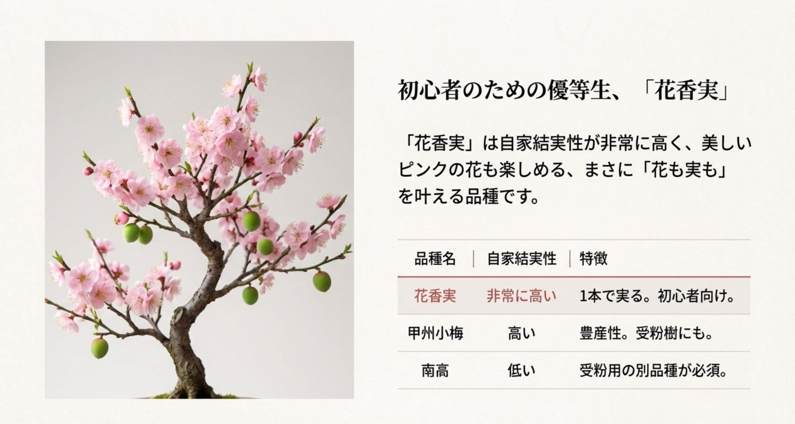 ピンクの花と緑の実が同時になっている梅の木の写真と、花香実・甲州小梅・南高の特性を比較した表が掲載されたスライド。
